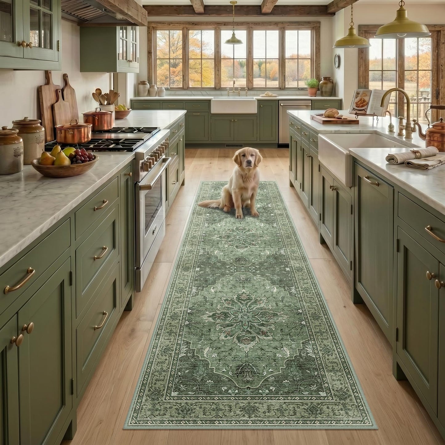 RELEANY Area Rugs Runner 2'x6' Washable Non-Slip, Floral Vintage Distress Medallion Carpet for Kitchen Hallway Bedroom Beside Laundry Room Bathroom, Teal Green Lake Blue Turquoise DD1210