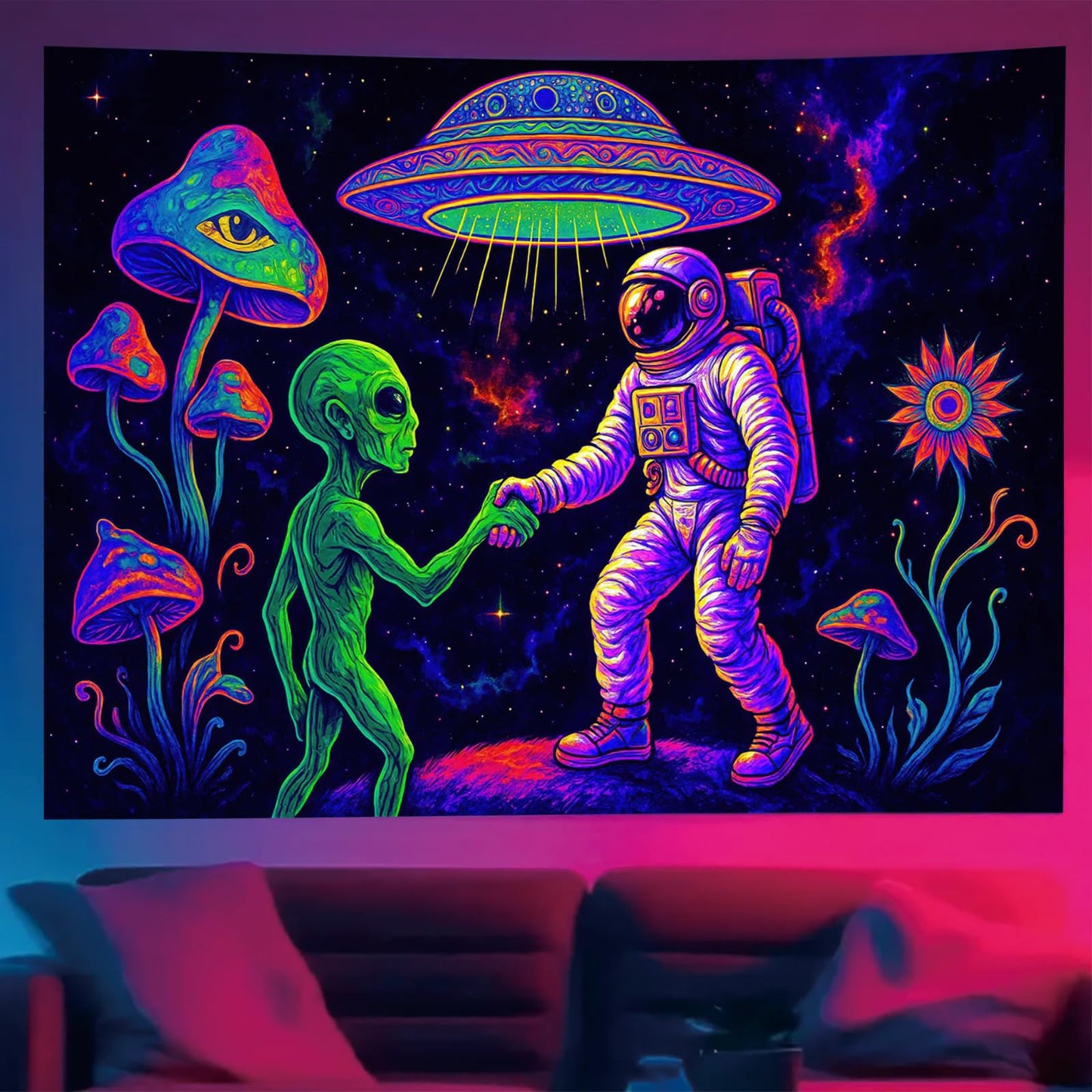 Starlit Patio Astronaut Blacklight Tapestry Trippy Forest Moon Vortex UV Reactive Galaxy Wall Hanging Psychedelic Space Poster Fluorescent Sci Fi Room Decor for Bedroom Dorm Gaming Lounge 78 x 59 Inch BST220