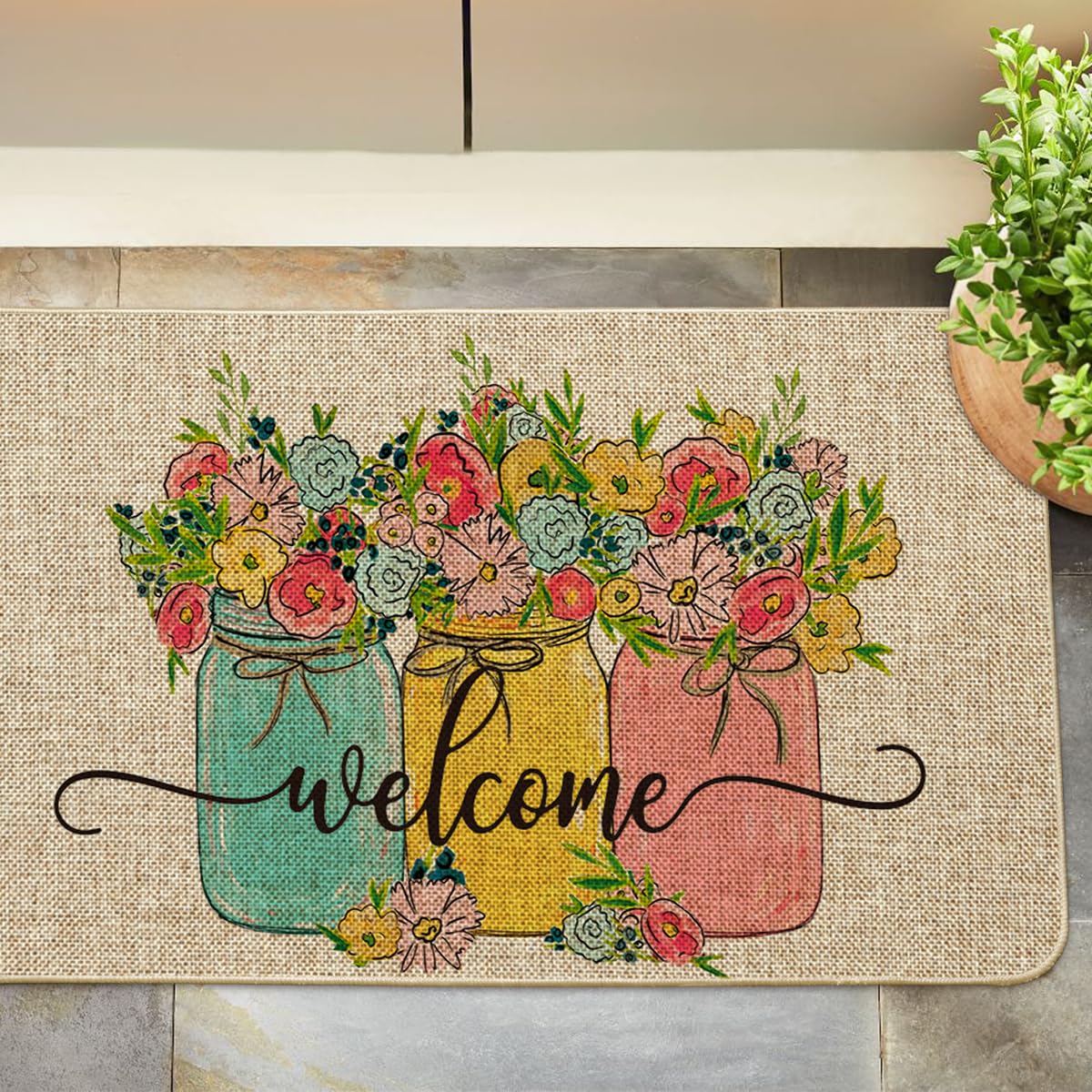 Artoid Mode Vase Hello Spring Semicircular Doormat, Seasonal Summer Low-Profile Yard Floor Switch Mat for Indoor Outdoor 17 x 29 Inch BST202