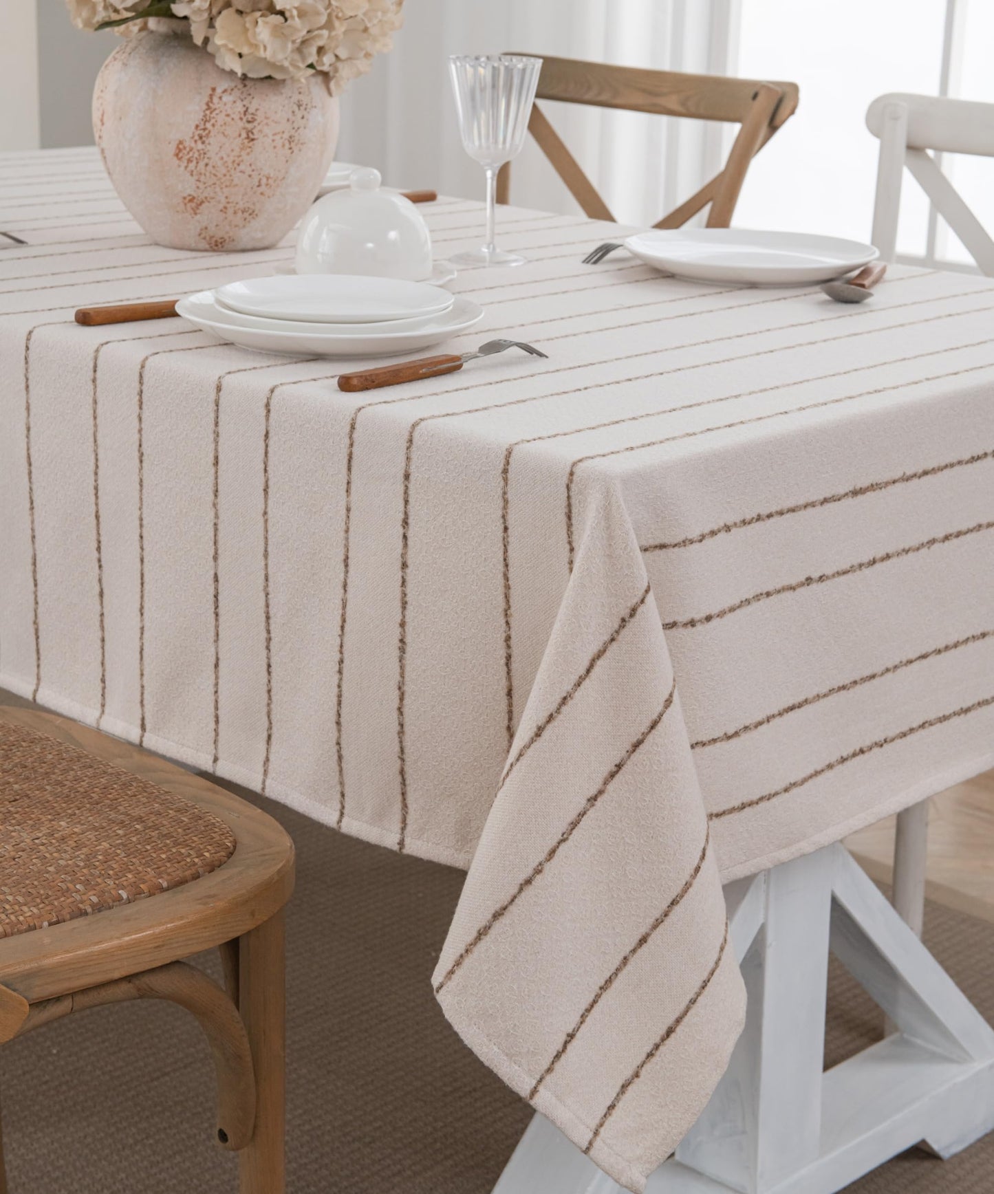 Caflife White Square Tablecloth 55x55 Inch, Cotton Linen Polyester Blend Stripes Table Cloth, Farmhouse Boho Decorative Table Cover for Dining Room Party Buffet Home Kitchen Table Decor BST202
