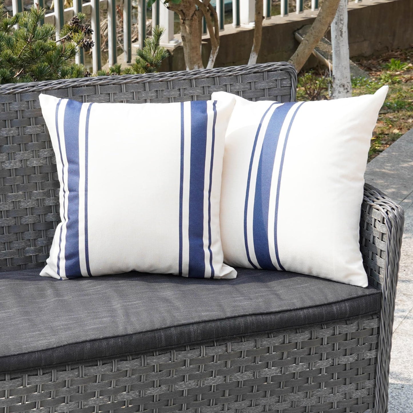 ONWAY Outdoor Pillow Covers Waterproof 18x18 Set of 2 Decorative Linen Throw Pillow Cover Beige and Black Striped Outdoor Pillows for Patio Furniture BST220