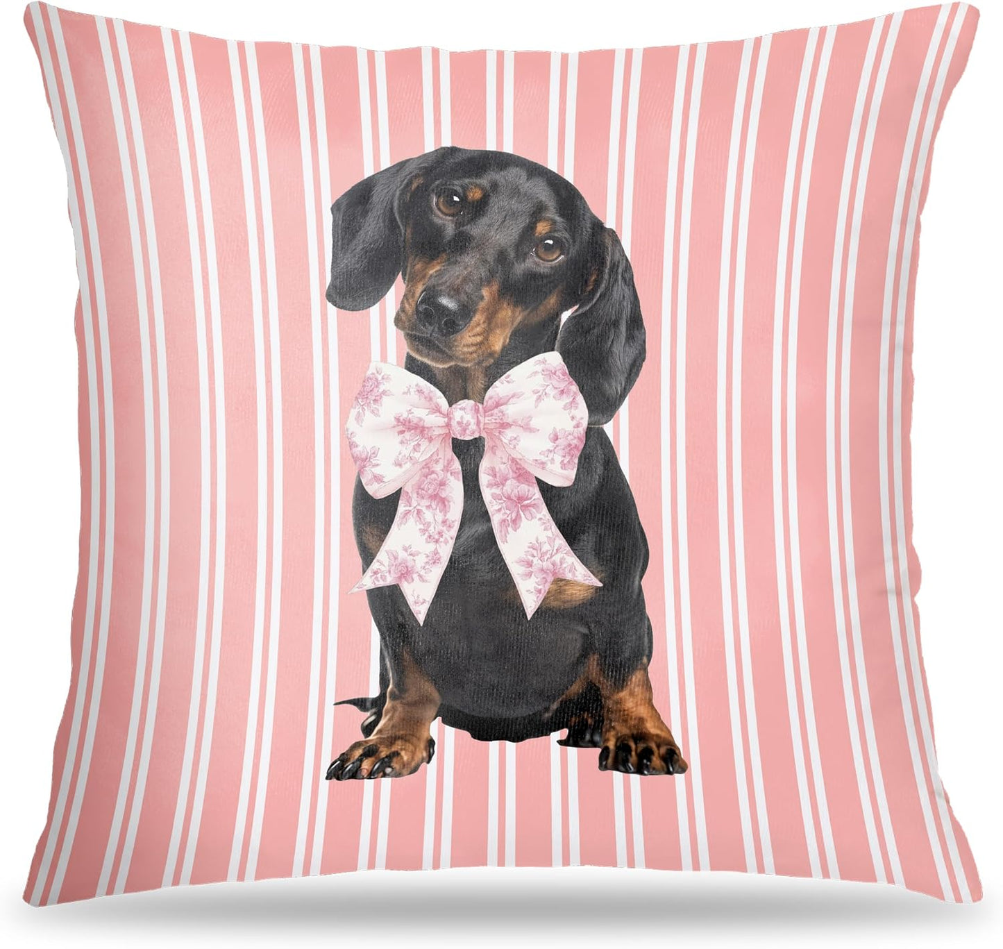 Coquette Pink Chinoiserie Bow Dachshund Pillow Covers 18x18, Dachshund Gifts for Women, Preppy Pink Striped Cute Weiner Dog Decorative Pillow Covers for Girls Bedroom Living Room Home BST202