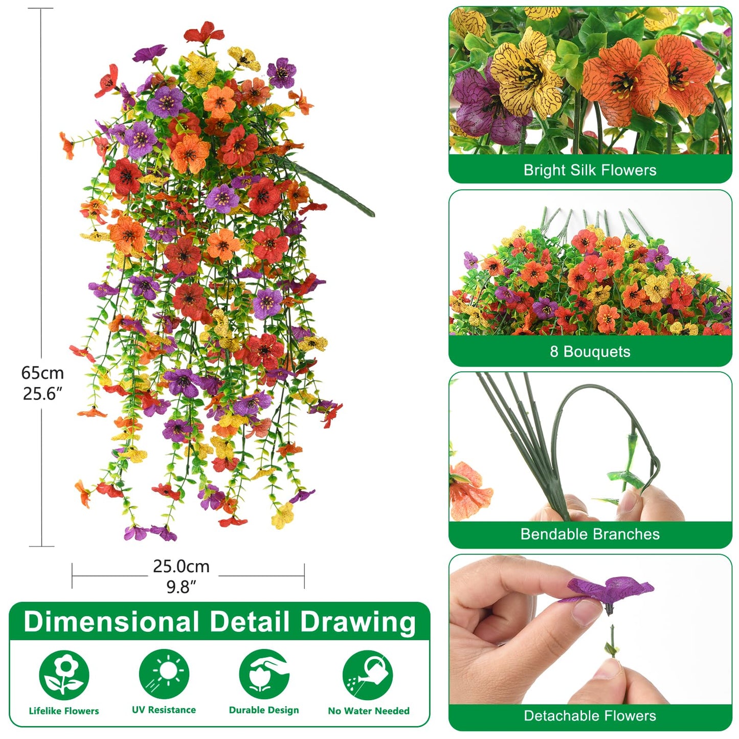 Artificial Hanging Flowers for Outdoor, 2PCS Fake Flowers Faux Silk Daisy with Eucalyptus Leaves, UV Resistant Aritificial Flowers for Spring Home Patio Yard Porch Decor (Light Purple Red) BST202