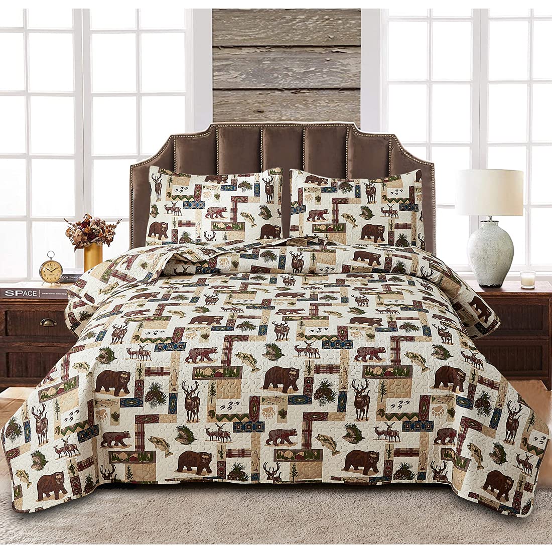 Rustic Moose Quilt Set King Size Lodge Quilt Lightweight Summer Cabin Bedspread Country Bedding Forest Bear Fish Pine Coverlet Daybed Cover Blanket Woodland Home Decor-Brown White BST220