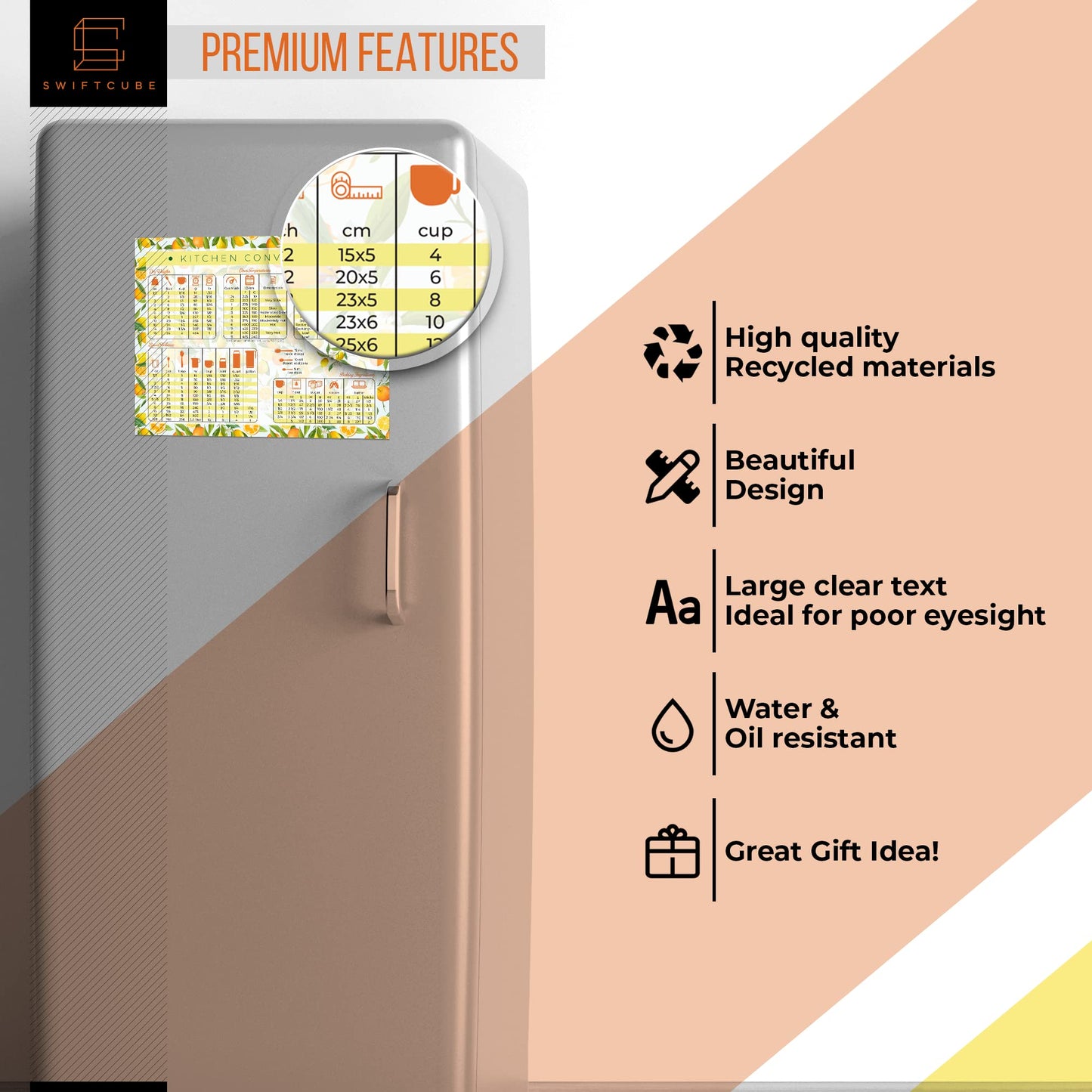 SwiftCube Air Fryer Magnetic Cheat Sheets, Multicooker Cheat Sheet Recipe Magnets, with Cooking Temperature, Time & Size Chart Conversion Measurement, Orange-Lemon Kitchen Decor, 8.5"x11" Citrus Dream BST220