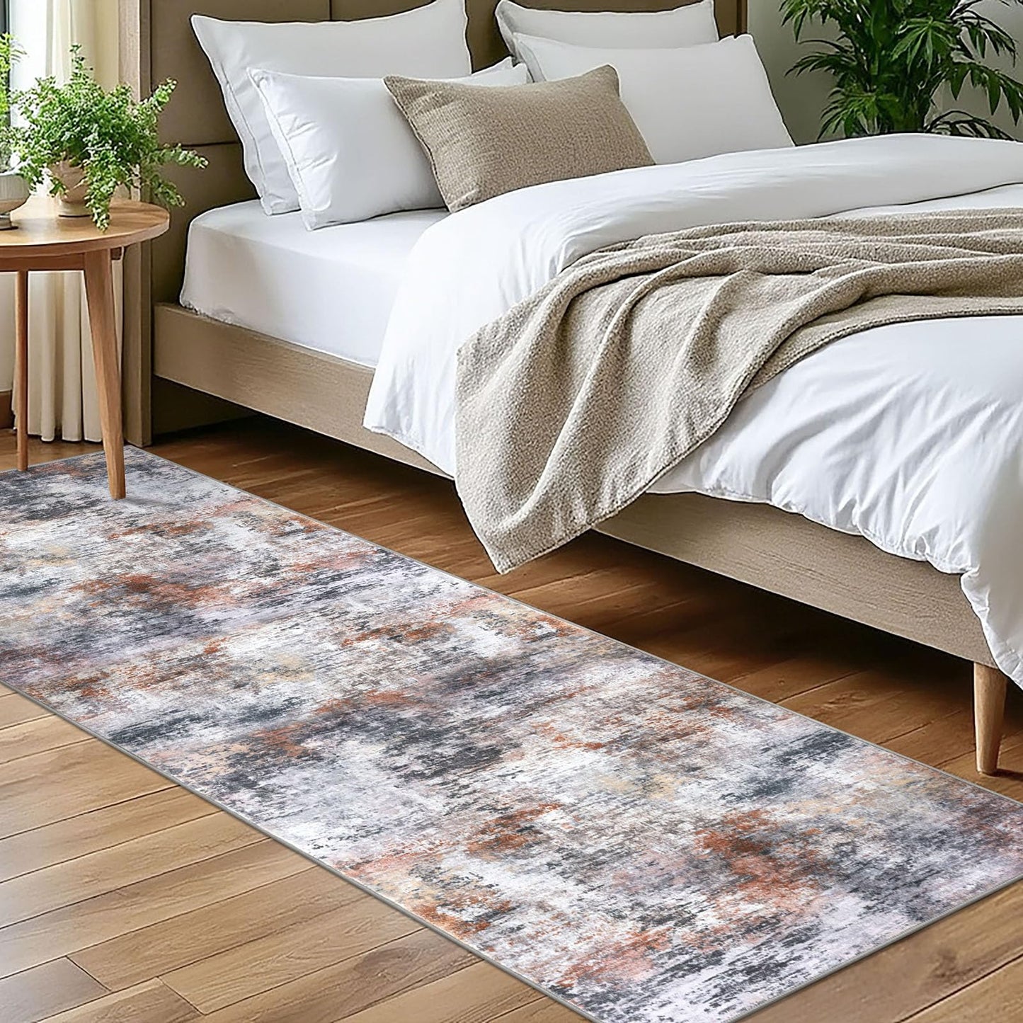 Lansny Modern Abstract Runner - 2x5, Beige Grey Washable Kitchen Entryway Rug Mat Non-Slip Soft Neutral Hallway Rug Thin Print Faux Wool Carpet for Bedroom Laundry Room Indoor BST220