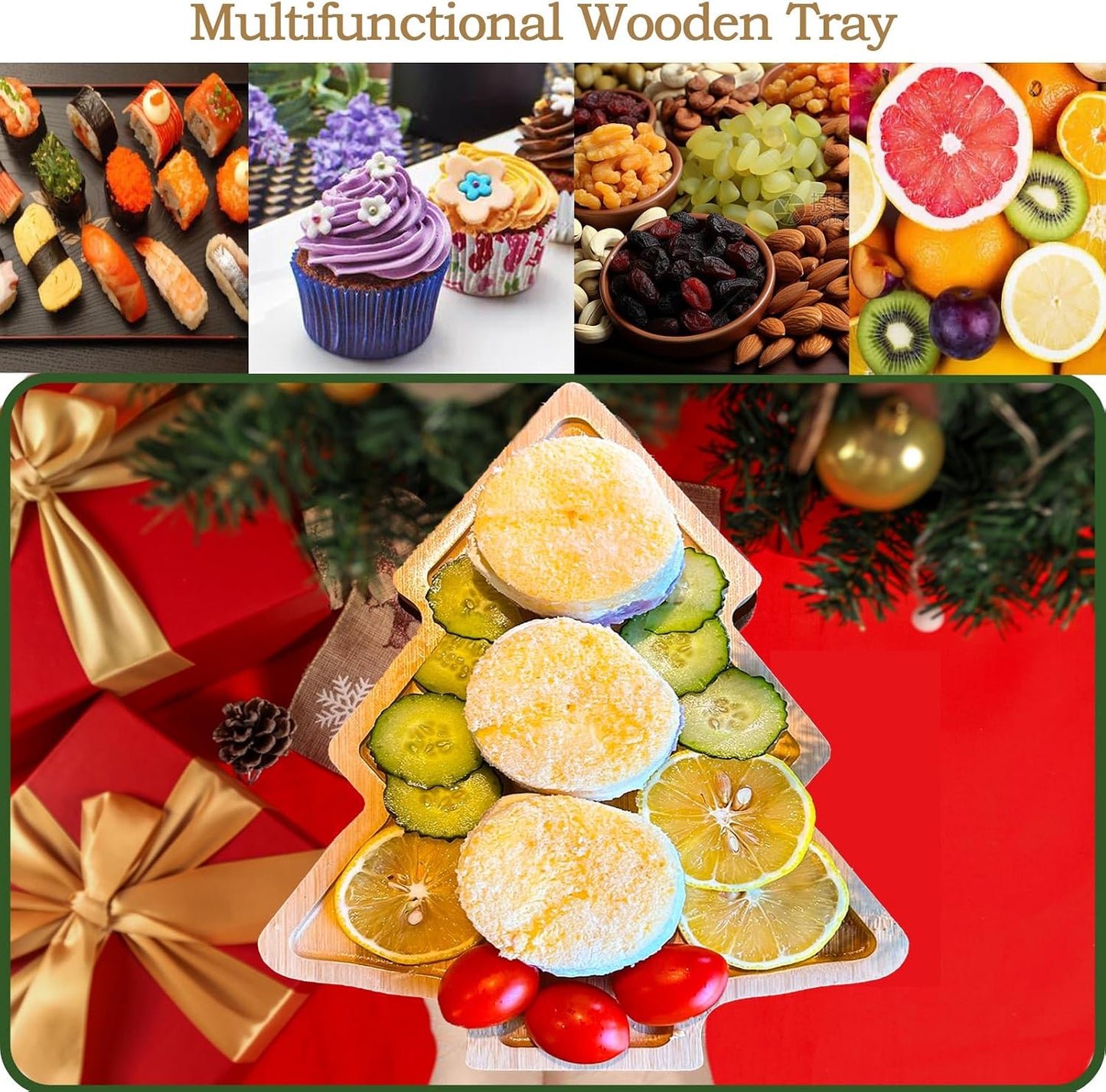 3Pcs Christmas Serving Platters, Wooden Christmas Charcuterie Boards Wood Snack Dish Plates Tray for Xmas Holiday Housewarming(Tree,Hat,Deer) BST202