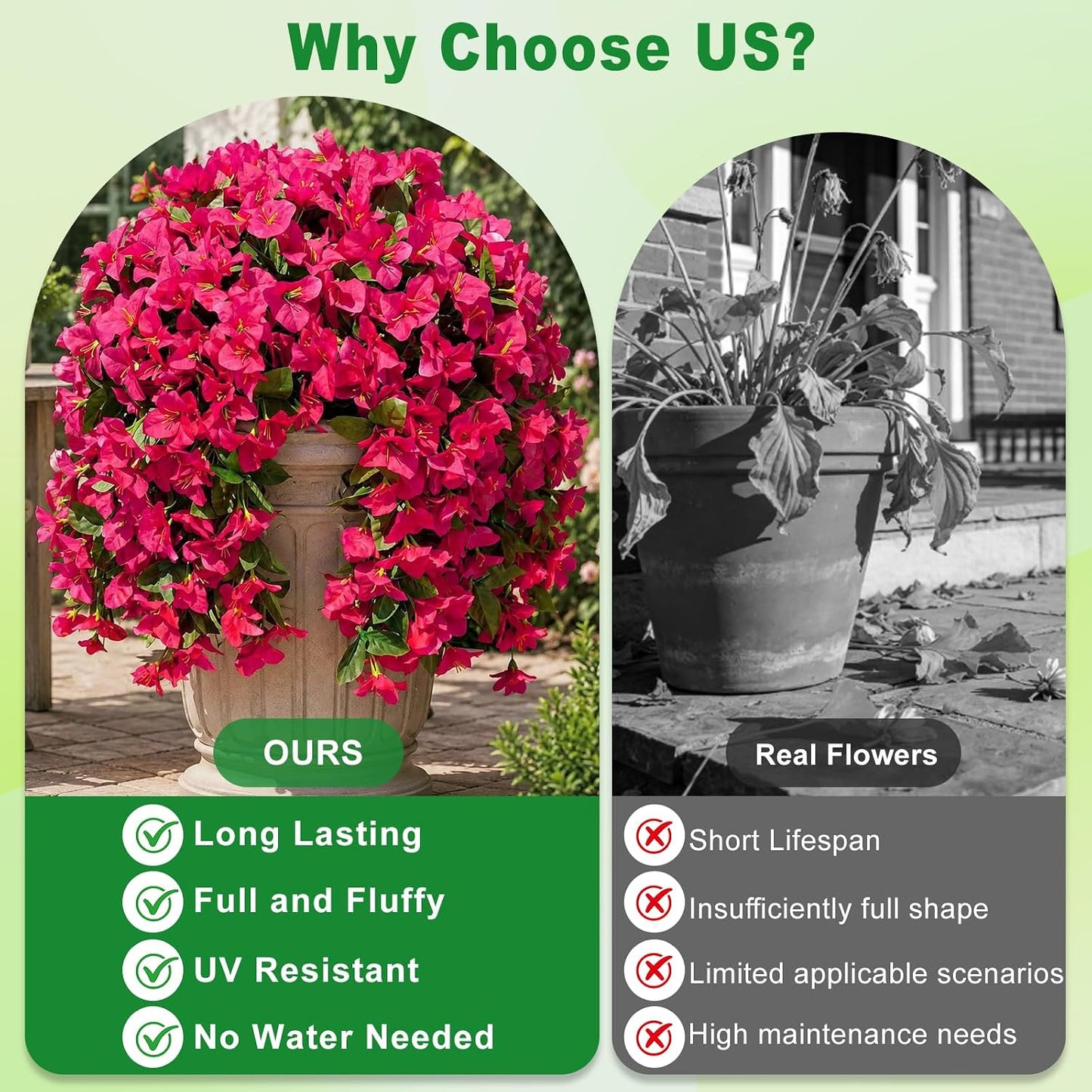 2 Pack Artificial Bougainvillea Flowers for Outdoors Decorations, Fake Hanging Plants, Faux Outside Flowers UV Resistant for Baskets Home Front Door Porch Patio Balcony Yard(Hot Pink) BST202