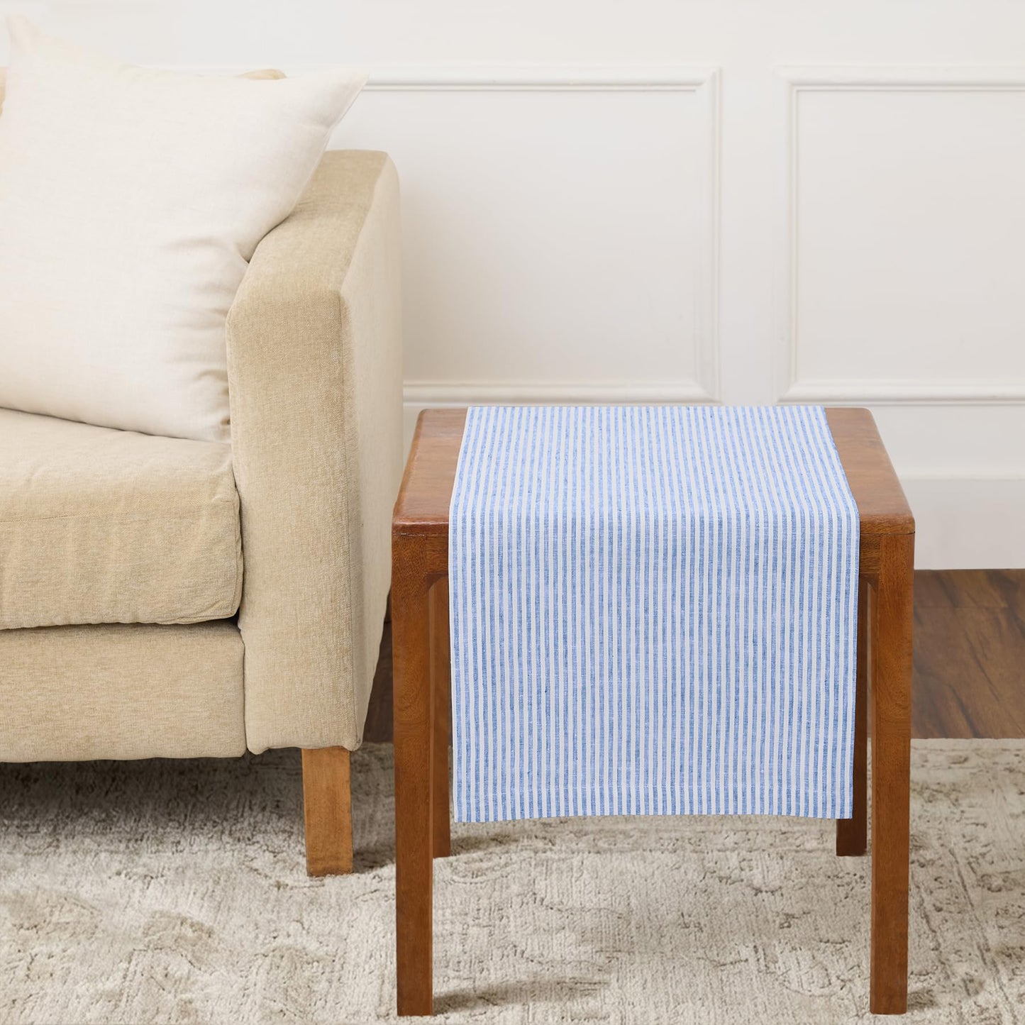 Solino Home 100% Pure Linen Table Runner Stripe Striped, Julia 14 x 72 in | Table Runners for dining, hallway and console tables; woven stripe, mitered corners; Muted Pastel Stripe; OEKO-TEX Certified BST326SOLH
