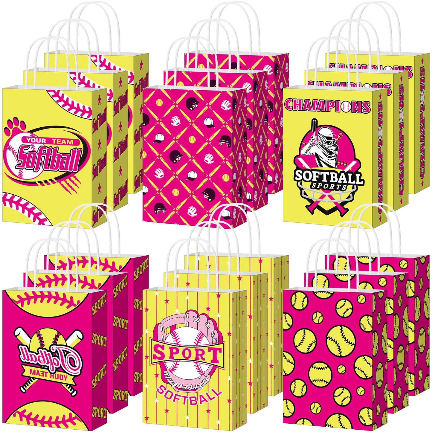 MotiMind 24 Pcs Softball Party Favor Bags Black Yellow Softball Themed Goodie Gift Wrapping Paper Bags with Handles Portable Sports Ball Candy Treat Pouch for Birthday Party Decorations Supplies BST326H
