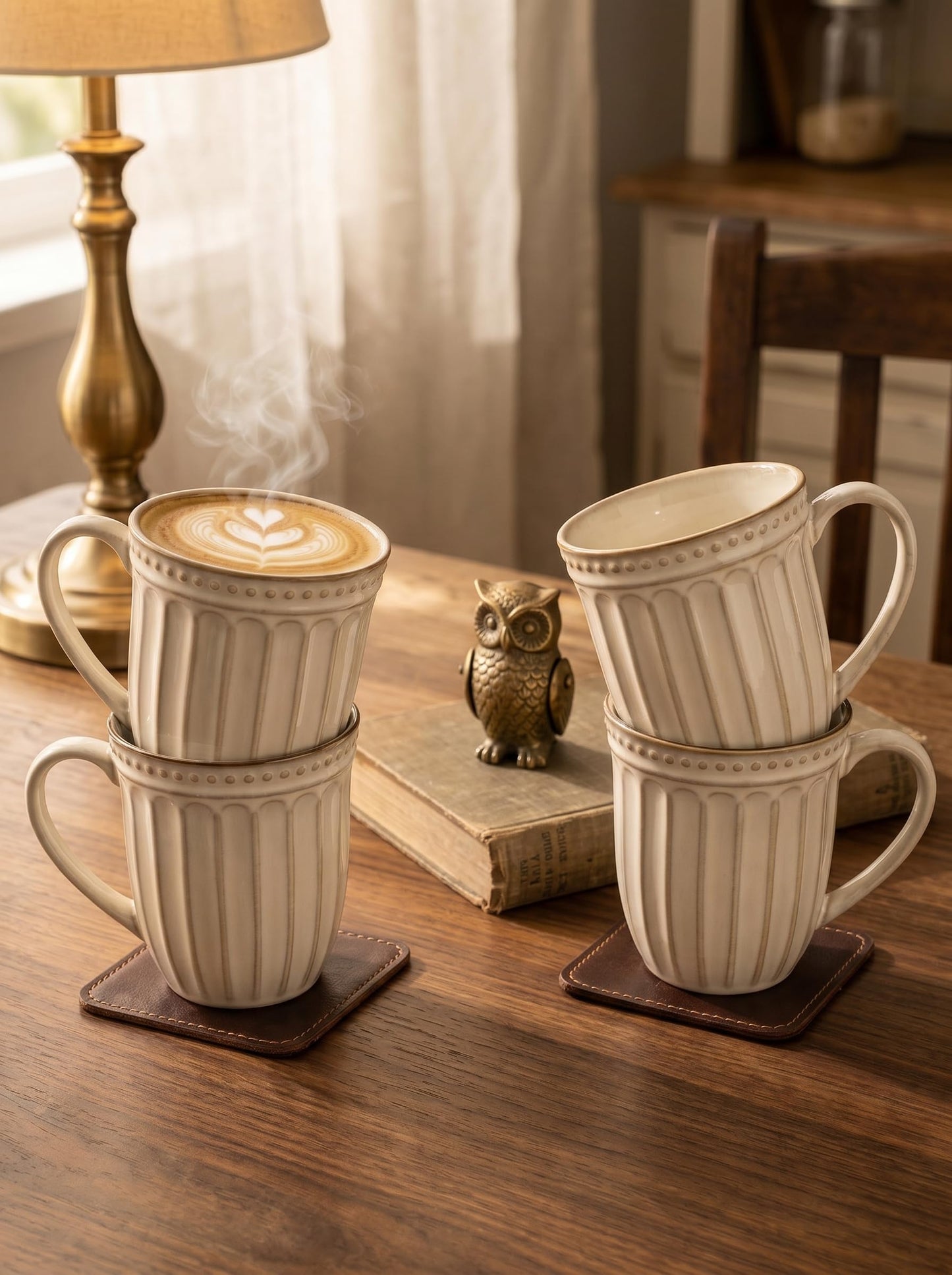HASENSE Textured Large Coffee Mugs Set of 4, 16 Oz Ribbed Ceramic Cups with Large Handle for Latte Tea Cappuccino, Stackable Embossed Mug Set for Mom Dad, Microwave Dishwasher Safe, Creamy White BST220