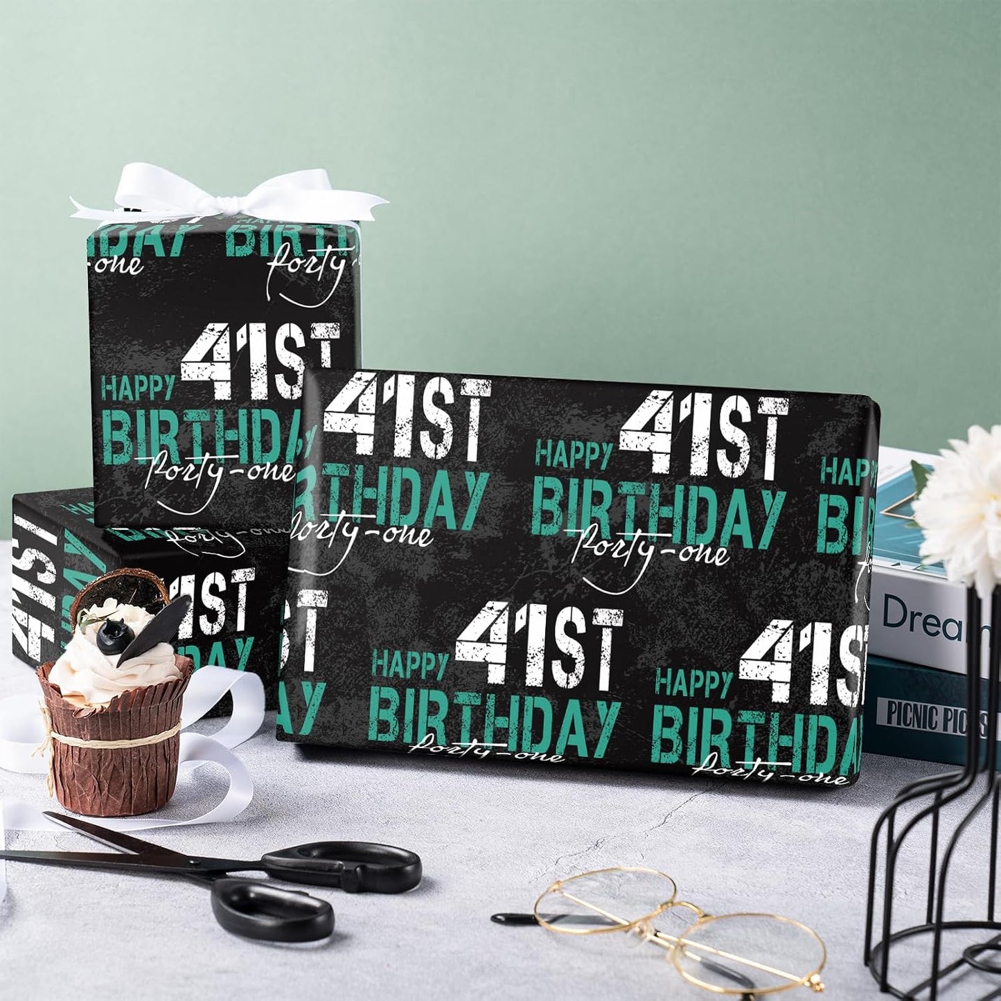 RUSPEPA Birthday Wrapping Paper for Man - Mini Roll - HAPPY 41st BIRTHDAY Text Design for Men's or Father's Birthday Party Gift Wrap and Special Occasions - 17 inches x 16.4 feet - 41 Year Old BST326L
