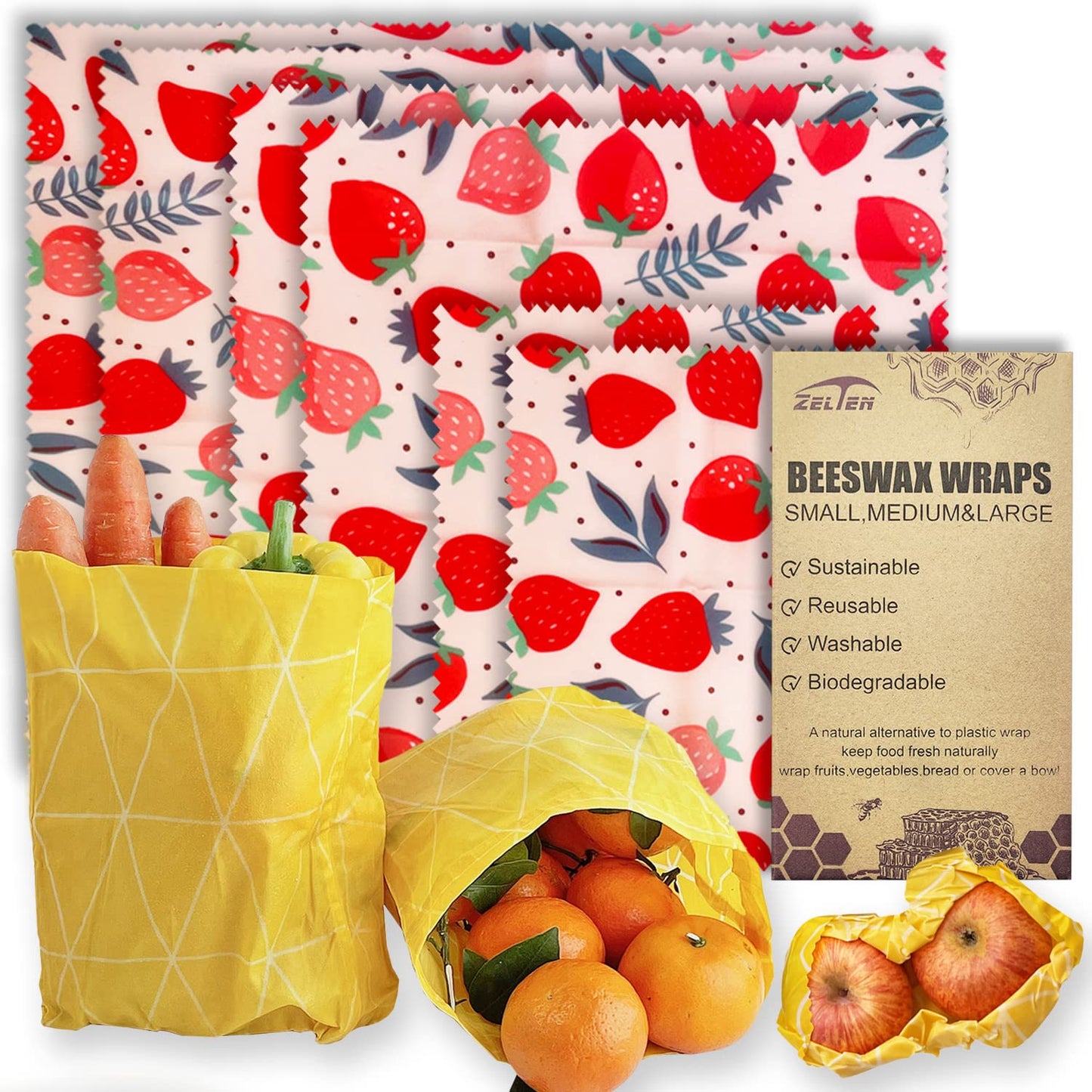 Beeswax Reusable Food Wraps - (6 Packs, 3 Sizes S,M,L, with 2 Meter Hemp Rope, Two Buttons) Plastic and Silicone Free, Eco-friendly Wrap, Wax Paper for Food,Flower BST220
