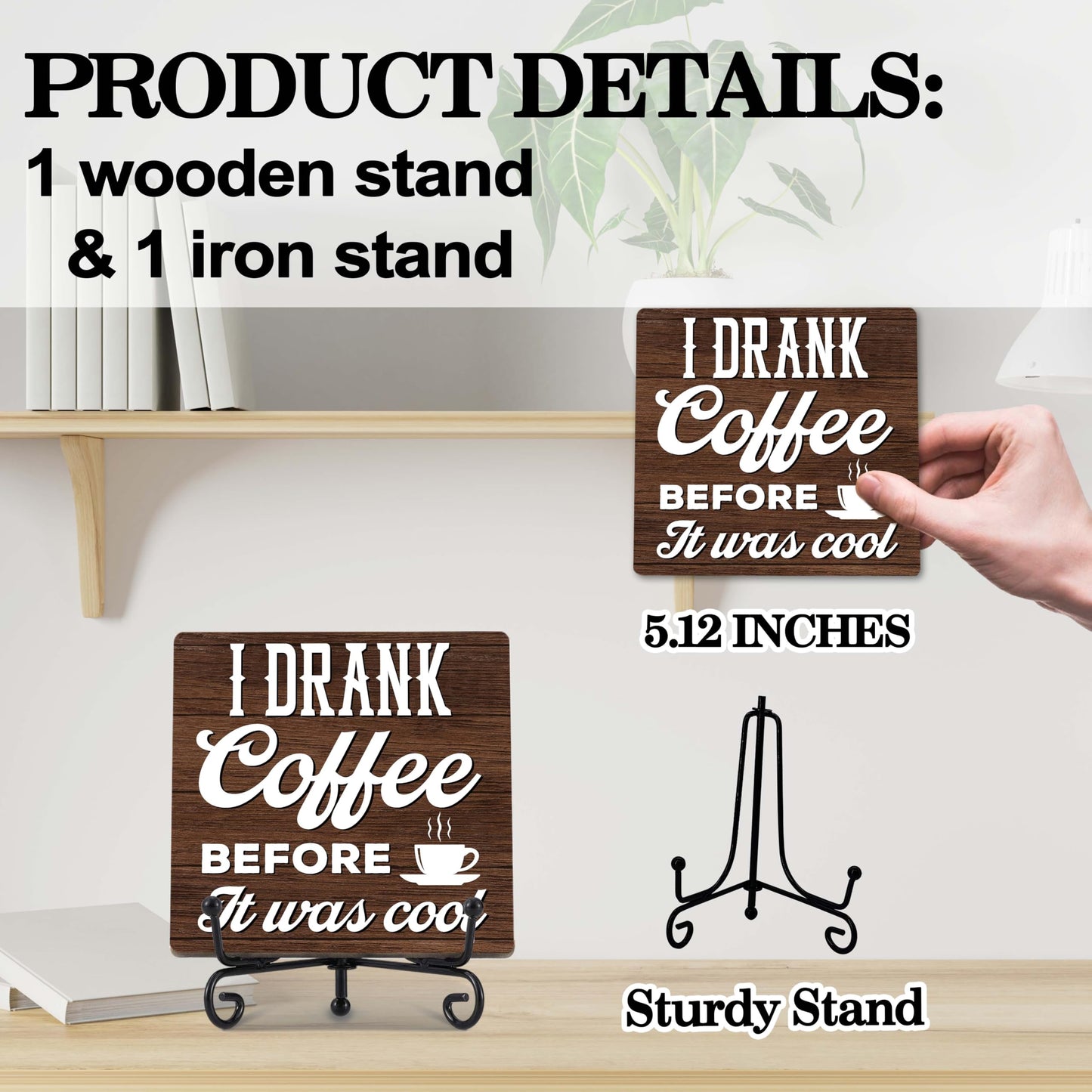 Coffee Bar Decor, Farmhouse Kitchen Table Decor, Coffee Station Accessories, Wooden Decorative Sign with Iron Stand for Table Desk Shelf Display-E21 BST220