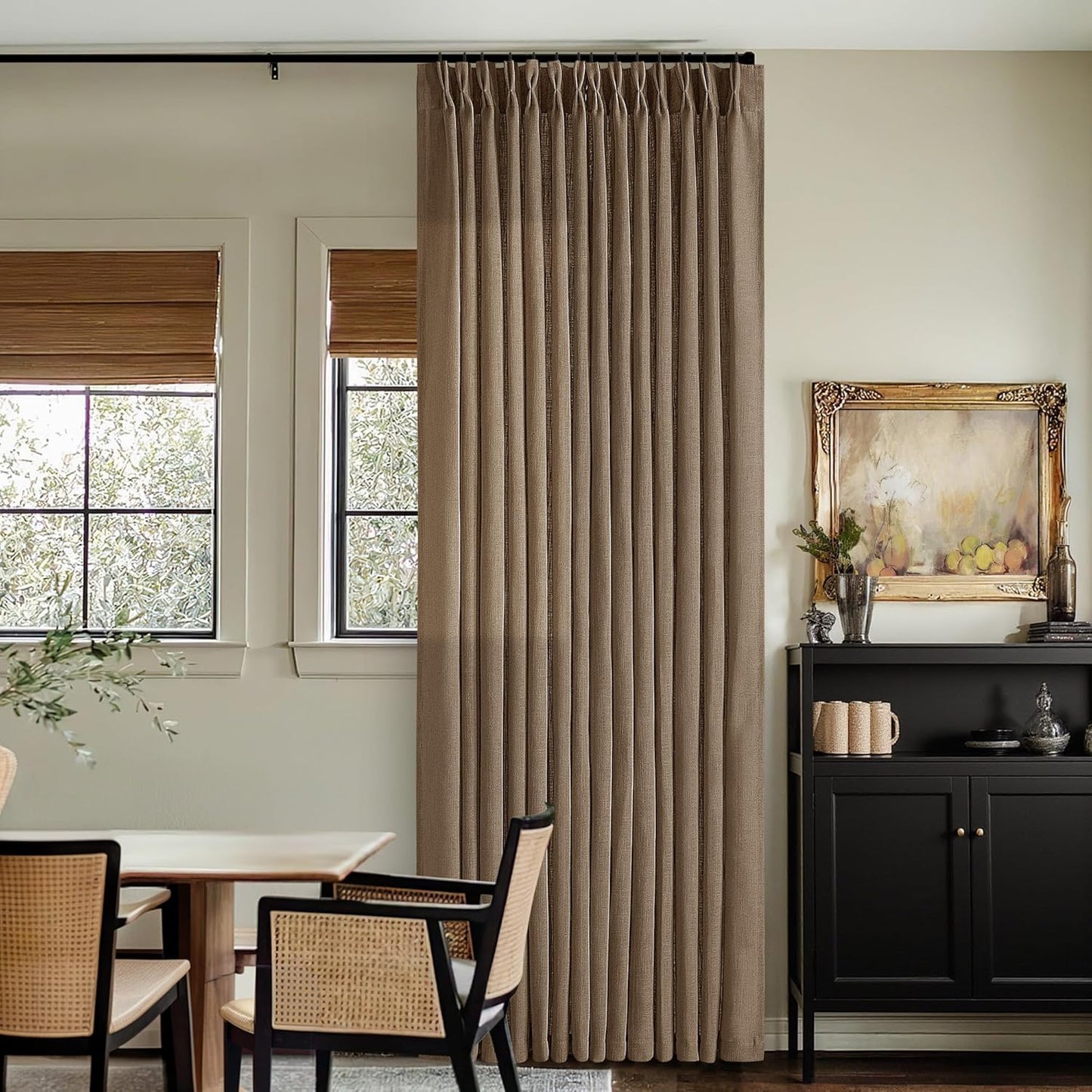 TWODRAPES Brown Pleated Linen Curtains 96 Inches Long Living Room 2 Panel Set Semi Sheer Light Filtering Pinch Pleat with Rings Hooks Drapes Boho Rustic Farmhouse Dutch Cocoa Curtain Bedroom Window