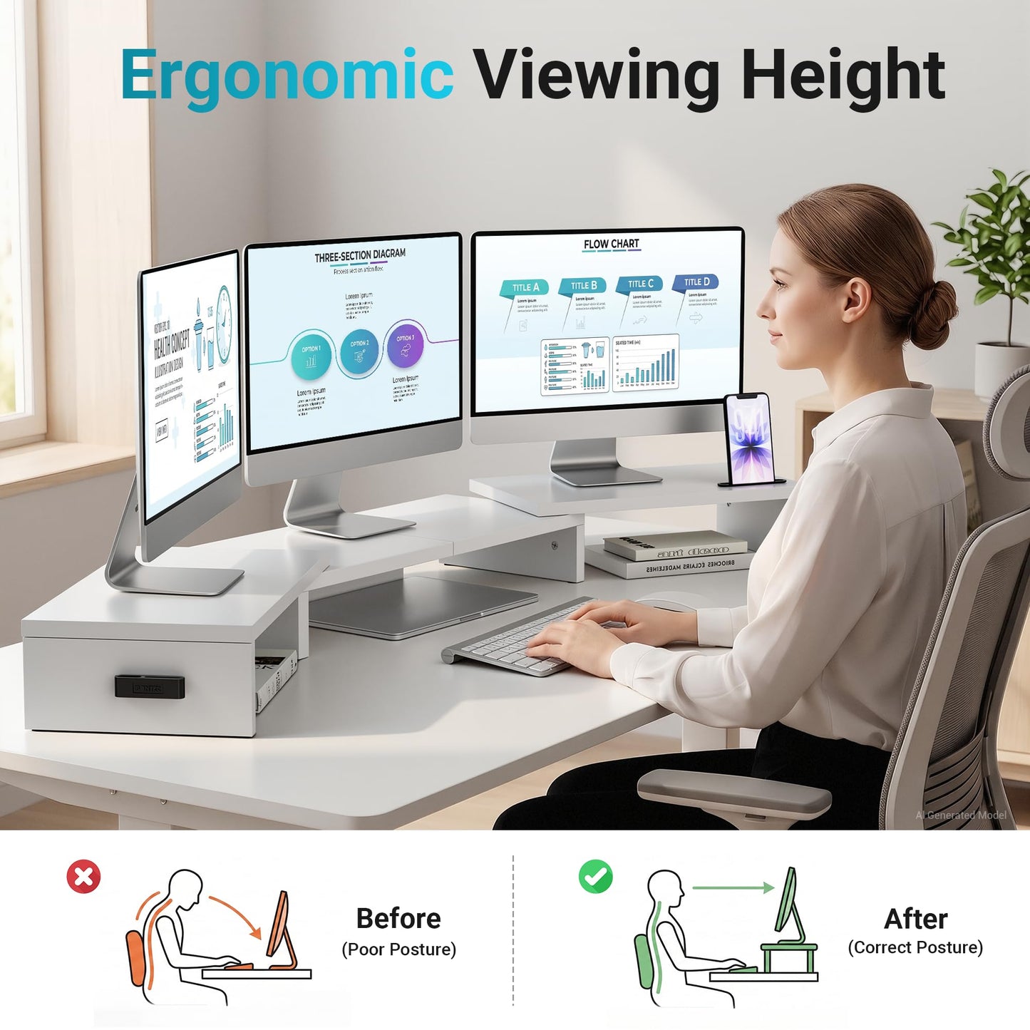 BONTEC Dual Monitor Stand Riser, Adjustable Length & Swivel Angle, Pink | Ergonomic Wooden Desktop Organizer with Smartphone Holder, Computer Monitor Stand for PC, Laptop, Printer and Large Storage BST202