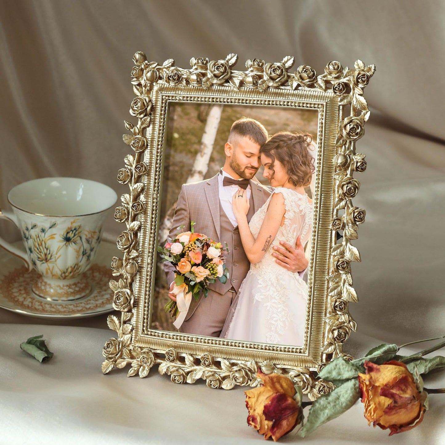 5x7 Wedding Picture Frame Gold,2 Pack Small Frame for Gallery Decor | Durable Resin Material,Tabletop & Wall Display,Real Glass,Rose Floral Design,Antique Brass Finish,Wedding Arrangement Decor BST326H