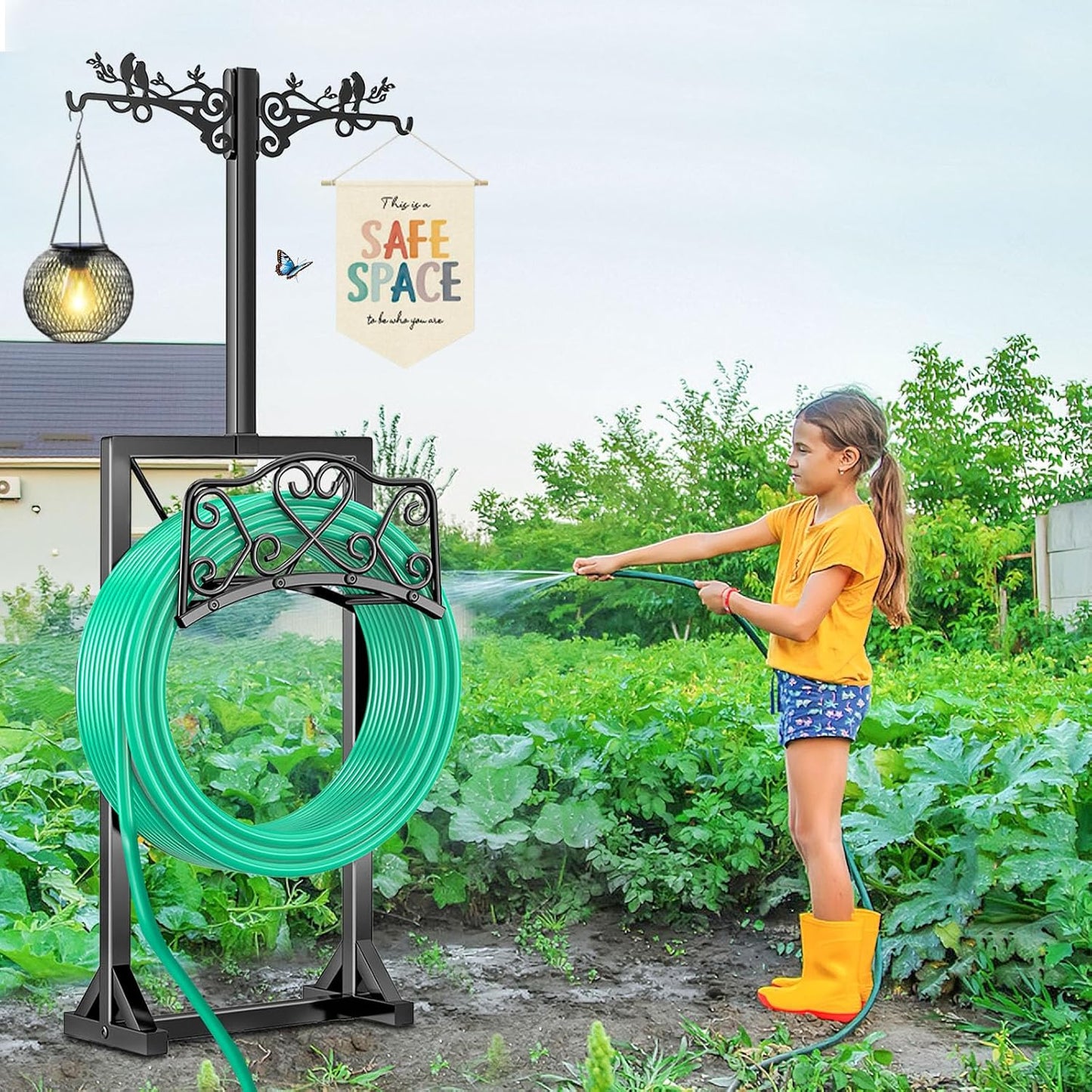 Garden Hose Holder, Freedstanding Heavy Duty Garden Water Hose Holder Stand with 2 Shepherds Hooks, Detachable Metal Hose Storage Hanger Rack for Outside Yard Lawn Farm DD1210