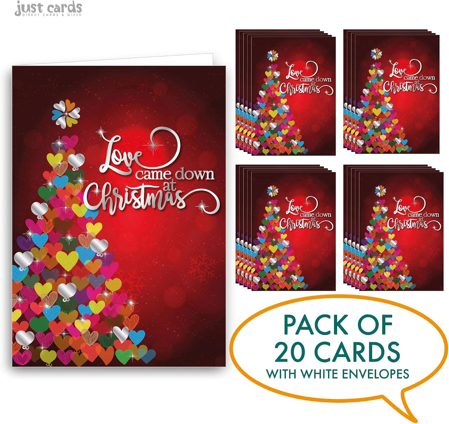 Religious Christmas cards - pack of 20, 5x7in, printed in England, Love Came Down. Christian Christmas cards with envelopes bulk WN420