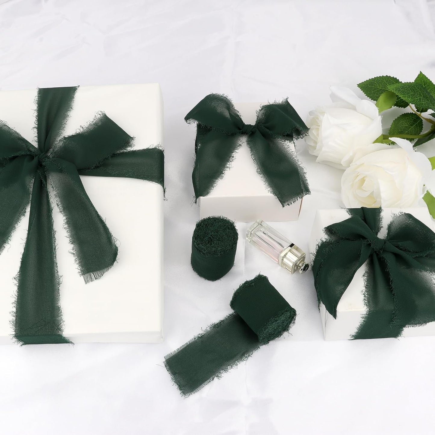 Dark Green 4 Rolls Silk Ribbon - 1.5 Inch Wide, 21 Yards Long, Frayed Edge, Handmade Fringe, Chiffon Ribbon for Crafts, Weddings & Home Decor WN420