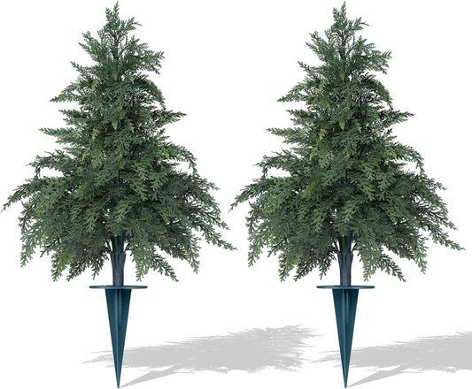 Artificial Cypress Topiary Cedar Trees with Ground Spike, 2 Pieces Fake Pine Shrubs Bushes, UV Resistant Faux Evergreen Tree Plants for Indoor Outdoor Planters Front Porch BST220