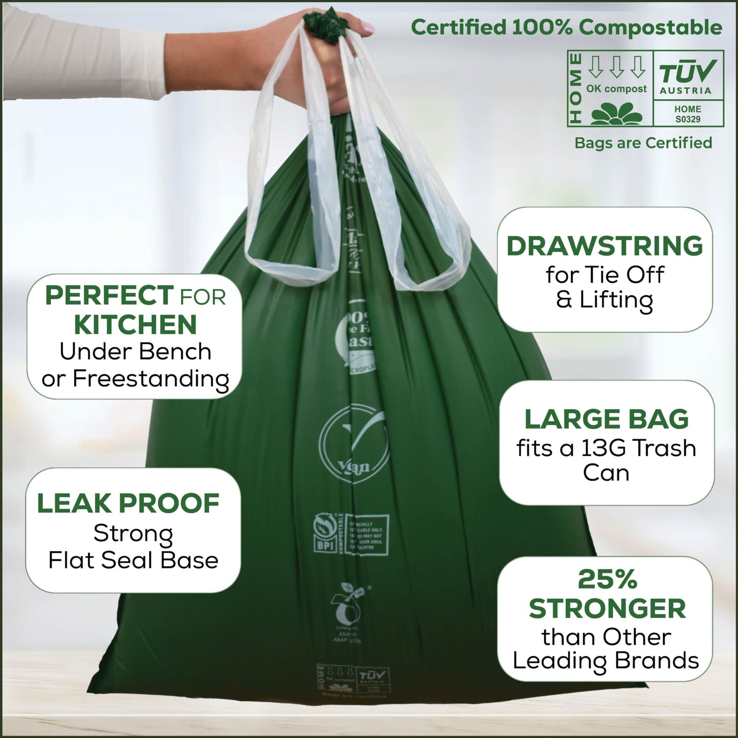 Small Compostable Trash Bags - 2.6 Gallon, 100 Pack, 100% Plastic-Free Decomposing Kitchen Food Waste Trash Can Bags & Liners, Thick Countertop Garbage, Bathroom & Bio Bin Bags