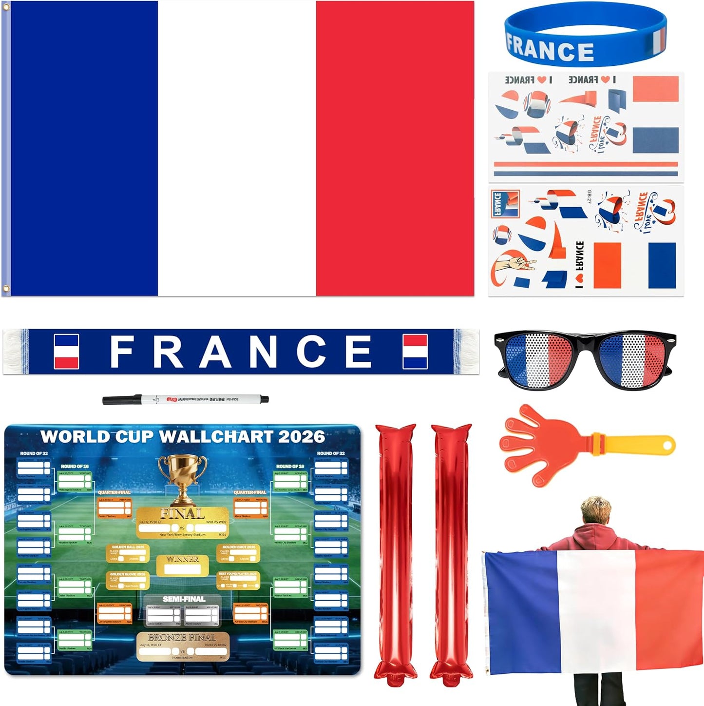 World Cup 2026 Fan Accessories with Large 3x5 ft Flag, Match Tracker Poster, Stickers, Cheering Sticks, Clapper & Scarf, World Cup Decorations Fan kit for Soccer Watch Party, Stadium and Home Cheering BST202