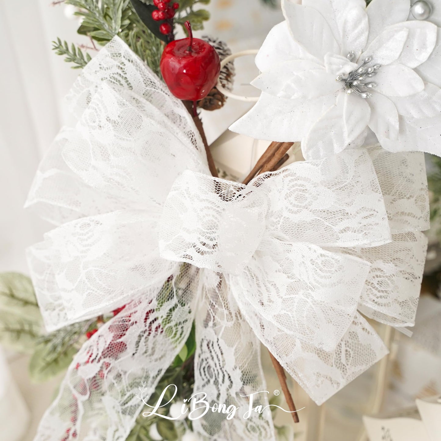 13" x 20'' White Lace Bows Wired Edge Valentine Tree Topper Bow, Glitter Bow Party Decorations, Premade Metallic Bows with Twist Tie, Large Gift Bow for Outdoor Wreath, Wedding-2 PCs BST220