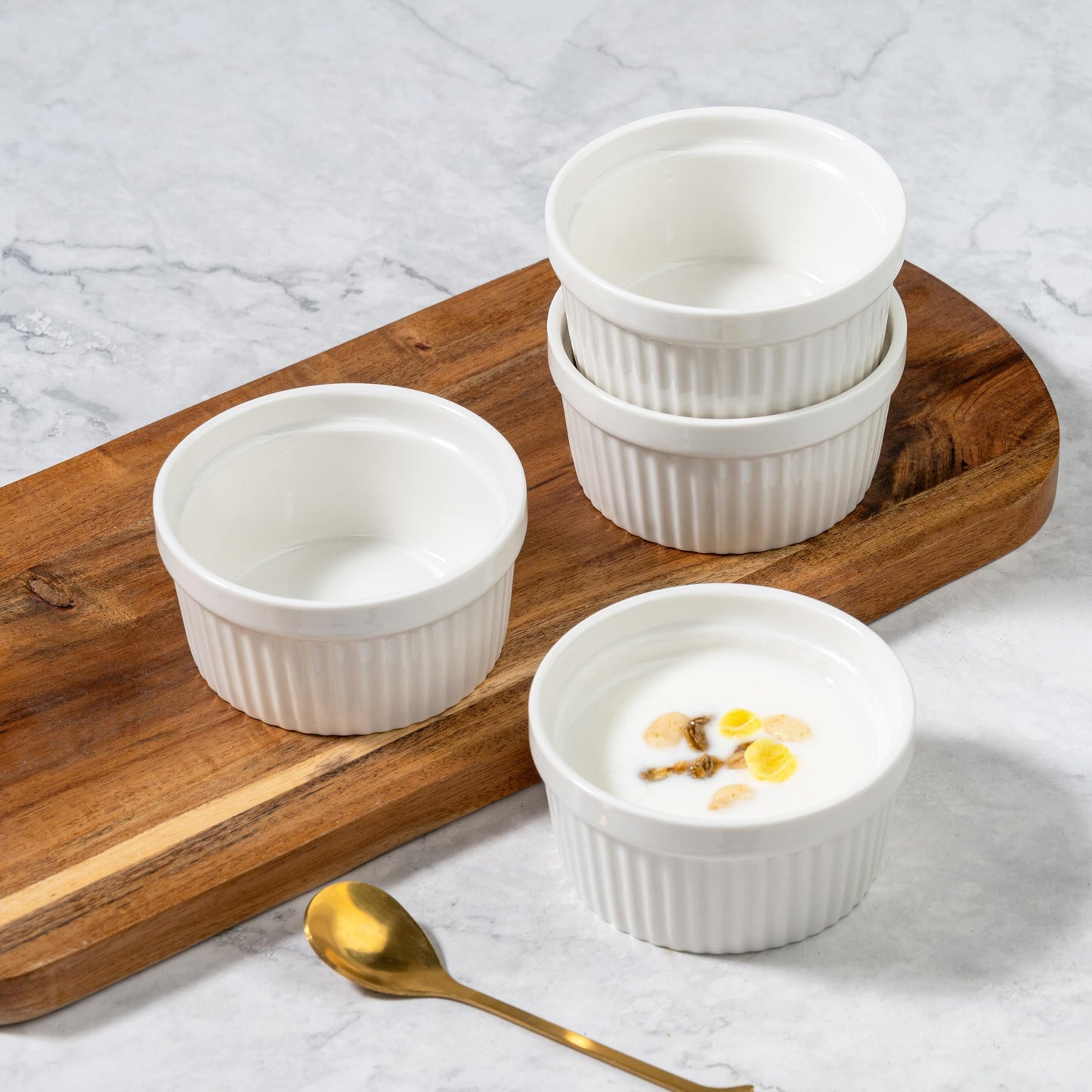 4oz Ramekins Set of 4,Creme Brulee Ramekins Oven Safe,Ceramic Custard Cups Ramiken for Baking,Souffle Ramekin Bowls for Pudding Ice Cream,Blue BST220