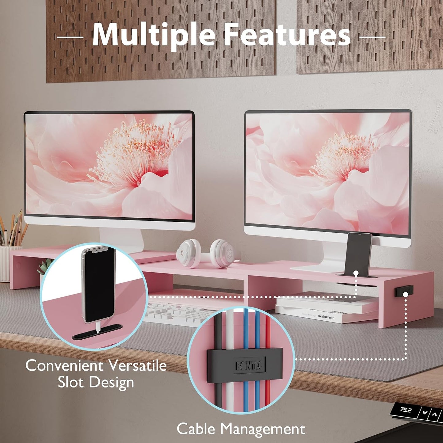 BONTEC Dual Monitor Stand Riser, Adjustable Length & Swivel Angle, Pink | Ergonomic Wooden Desktop Organizer with Smartphone Holder, Computer Monitor Stand for PC, Laptop, Printer and Large Storage BST202