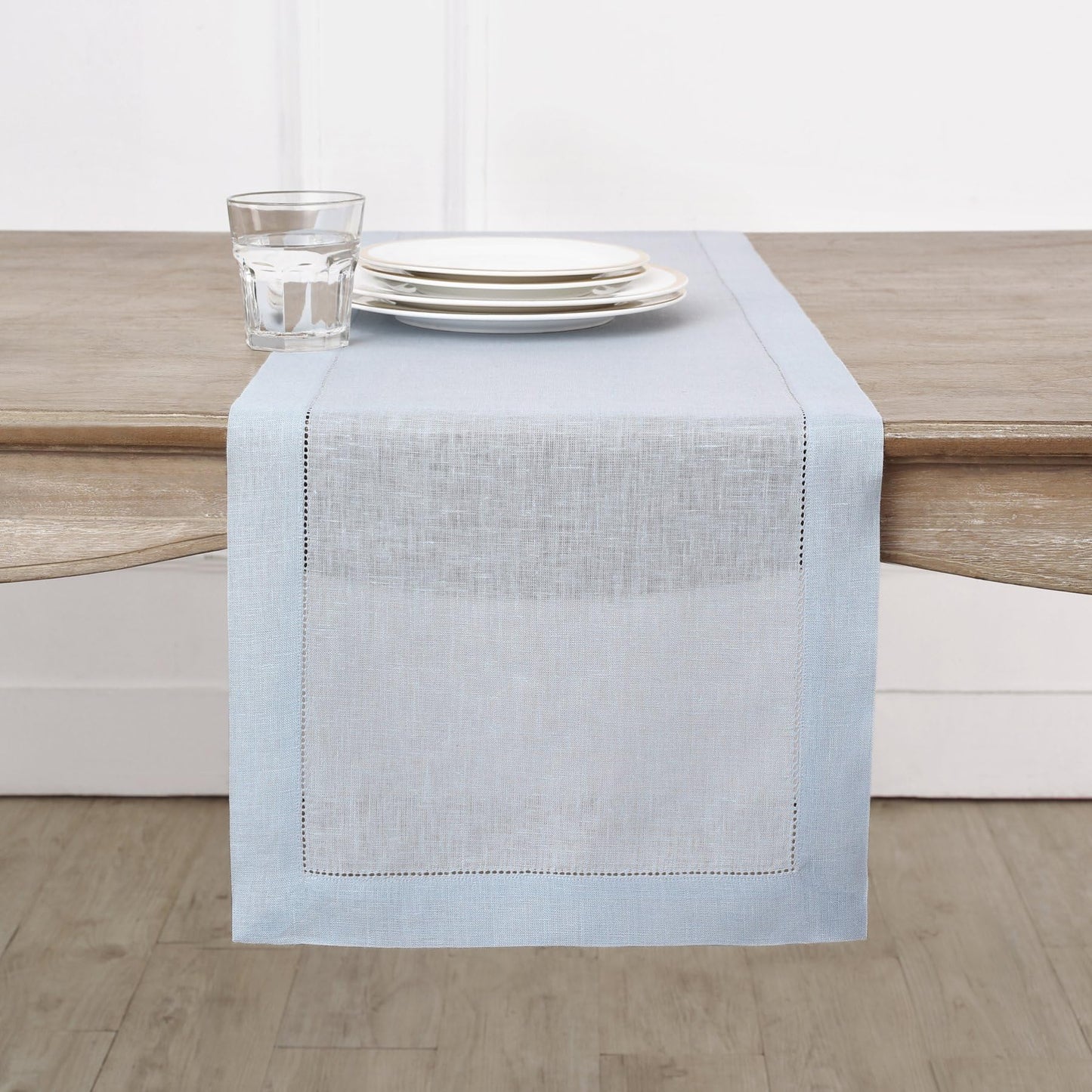 Solino Home 100% Pure Linen Table Runner Garden Green Hemstitch, 14 x 48 in | Classic Hemstitch Table Runners for dining, hallway and console table styling | hand hemstitched borders | OEKO-TEX Certified BST326SOLH