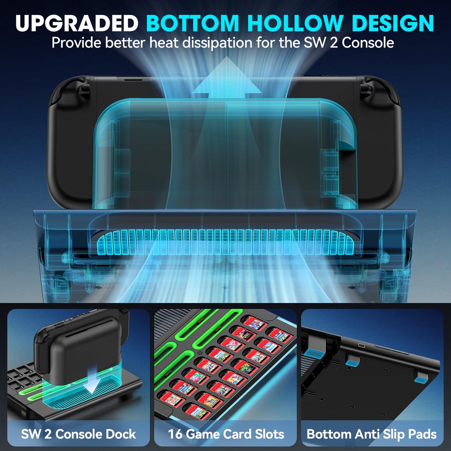 Switch 2 Dock Organizer Station with Joycon2 Charger, 4 Charging Dock for Switch2 Joycons, Storage for 16 Switch2 Games & 16 Game Cases, Pro Controllers & Switch 2 Console Dock Organizer Accessories WN420