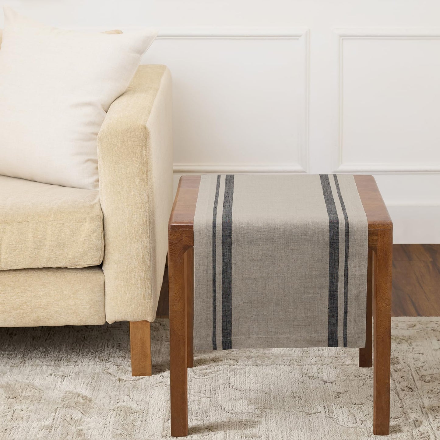 Solino Home 100% Pure Linen Table Runner, 14 x 60 in, Black, French Stripe | Table Runners for dining, hallway and console tables | woven stripe, mitered corners | Black and White | OEKO-TEX Certified BST326SOLH