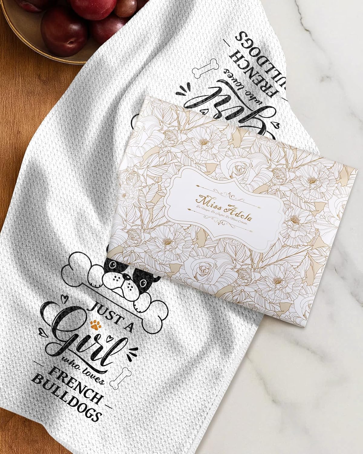 Miss Adola Dog Funny Kitchen Towels - 15x28 Inch Decorative Waffle Microfiber Dish Cloths Cute Absorbent Reusable Hand Tea Towels with Hanging Loop French Bulldog Gift for Dog Lovers WN420