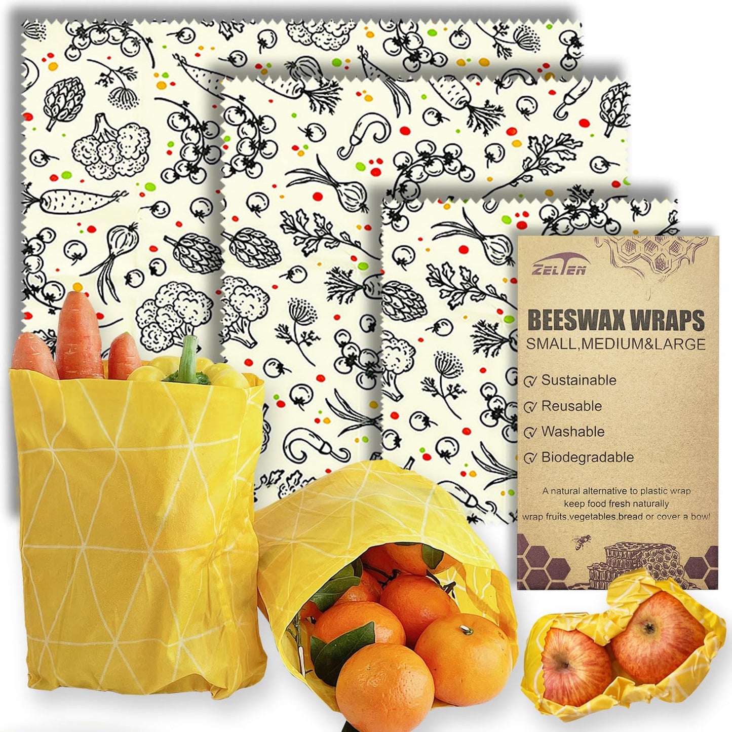 Beeswax Reusable Food Wraps - (6 Packs, 3 Sizes S,M,L, with 2 Meter Hemp Rope, Two Buttons) Plastic and Silicone Free, Eco-friendly Wrap, Wax Paper for Food,Flower BST220
