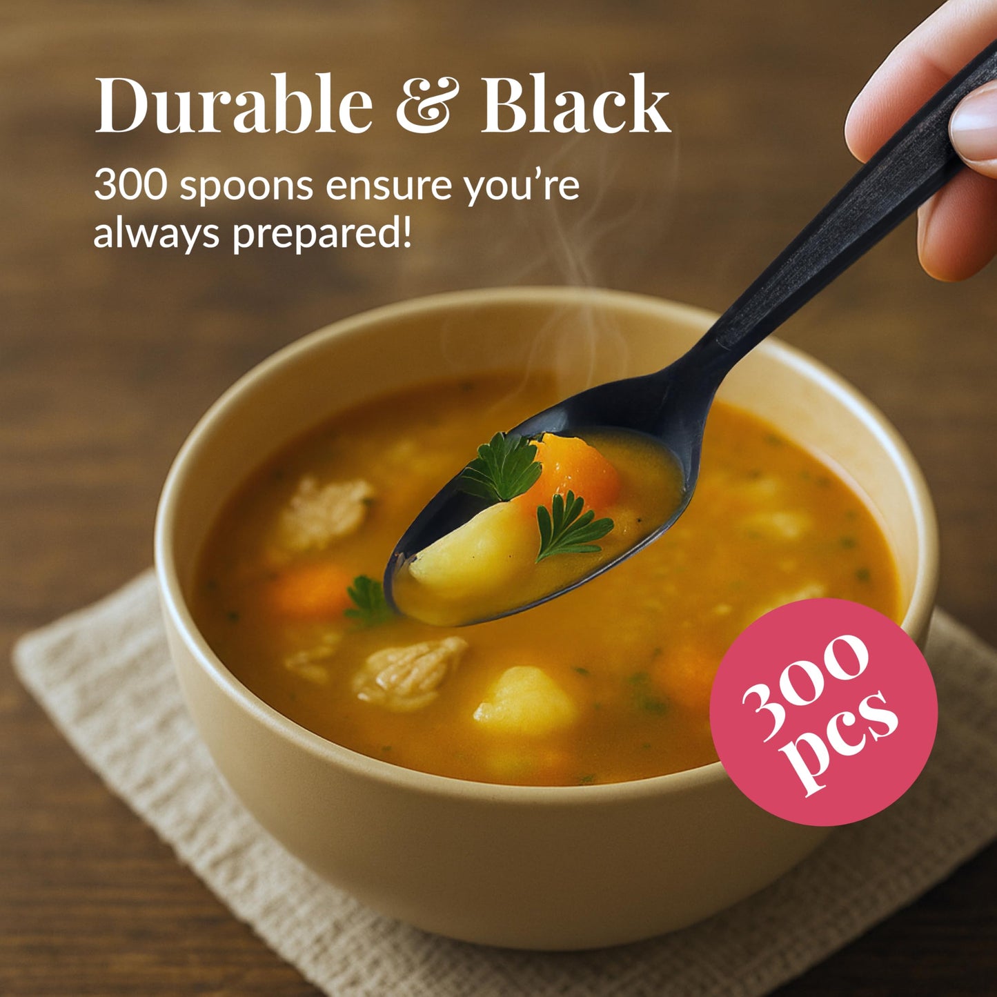 Prestee 300 Black Plastic Spoons Bulk - Durable Disposable Plastic Silverware Spoons - Heat-Resistant Spoon Cutlery - Heavy Duty Flatware Pack - Disposable Silverware Utensil Set for Hot and Cold Food BST220