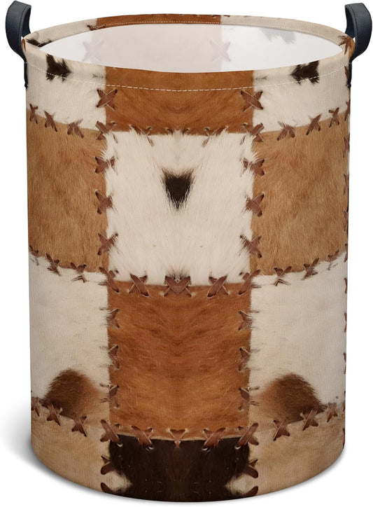 Cows Print Laundry Basket, Collapsible Waterproof Oxford Cloth Laundry Hamper, Vintage Round Kids Toys Storage Basket as Room Decor, Farmhouse Dirty Clothes Hamper for Bedroom Bathroom Dorm (Brown) BST326H