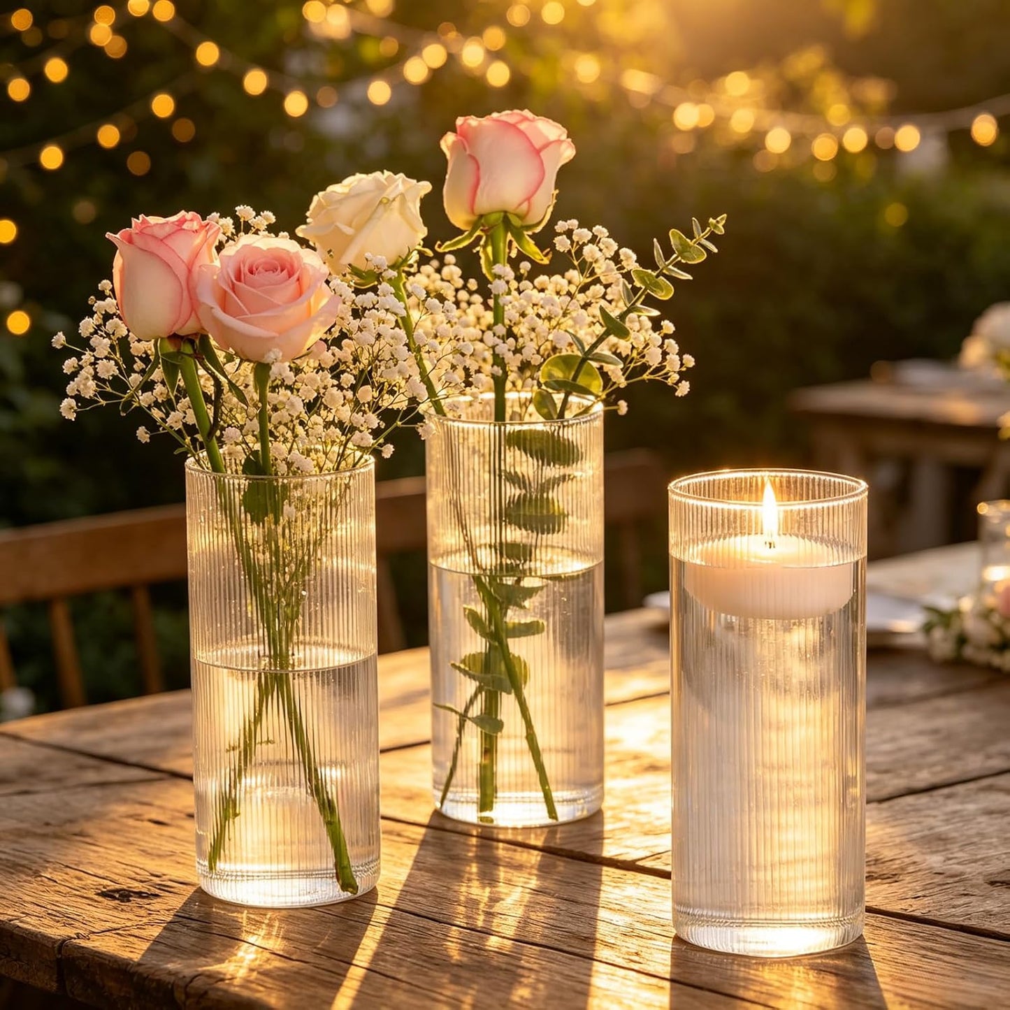 Glass Ribbed Cylinder Vases, 8 Inch Tall, Clear, Pack of 3 | Flower Vases in Bulk, Hurricane Floating Candle Vases, For Party Home Decor BST326H
