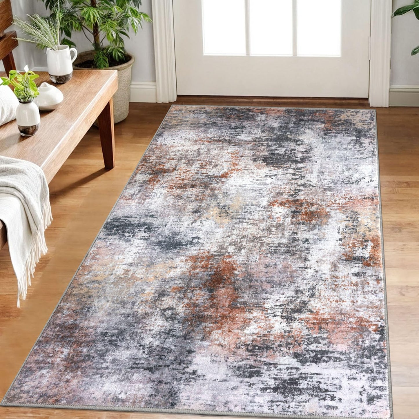 Lansny Modern Abstract Runner - 2x5, Beige Grey Washable Kitchen Entryway Rug Mat Non-Slip Soft Neutral Hallway Rug Thin Print Faux Wool Carpet for Bedroom Laundry Room Indoor BST220