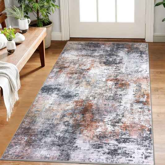 Lansny Modern Abstract Runner - 2x5, Beige Grey Washable Kitchen Entryway Rug Mat Non-Slip Soft Neutral Hallway Rug Thin Print Faux Wool Carpet for Bedroom Laundry Room Indoor BST220