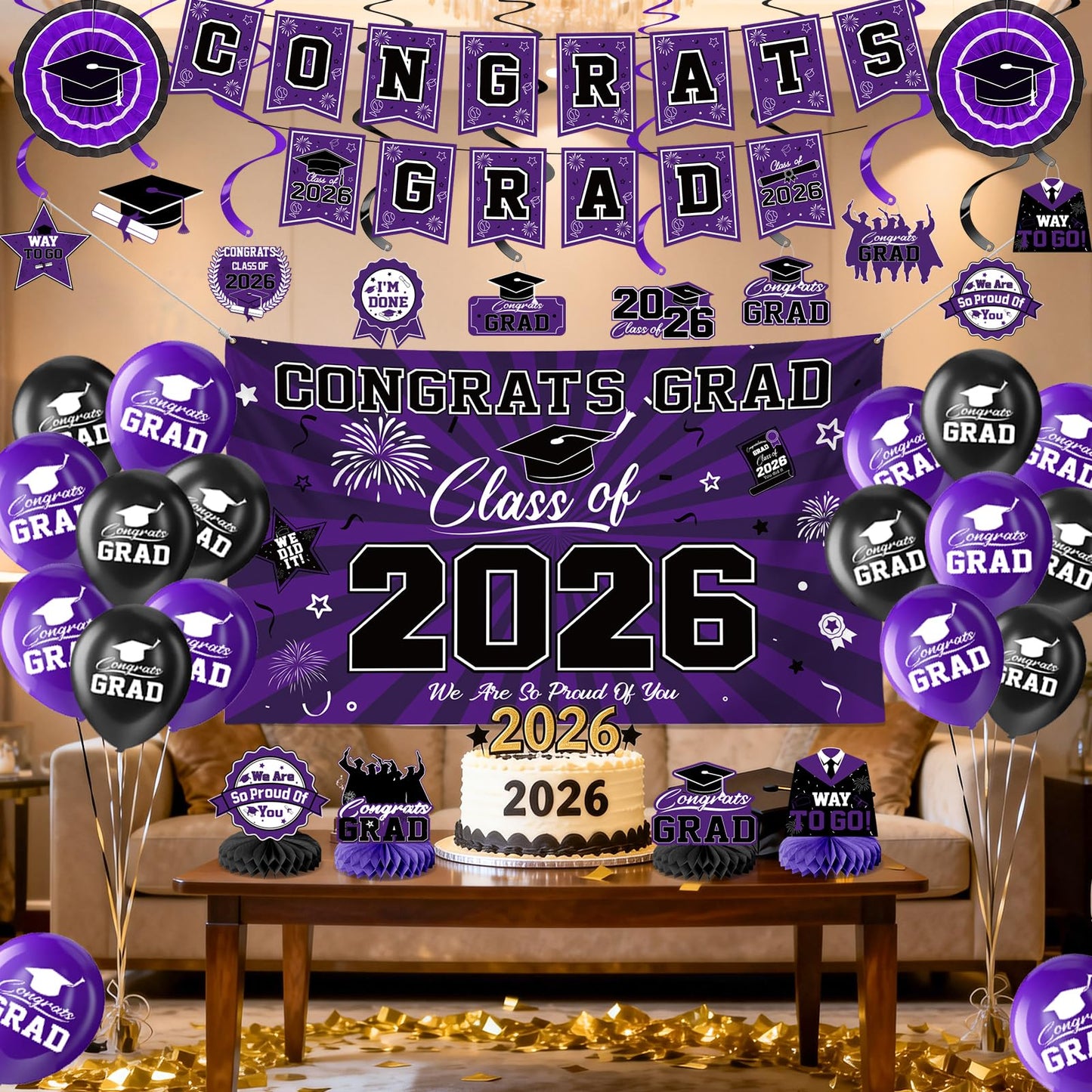 Graduation Decorations 2026-Blue and Black Graduation Party Decorations Supplies Class of 2026 with Graduation Banner, Backdrop, Balloons, Centerpieces, Hanging Swirl for Grad Party BST326H