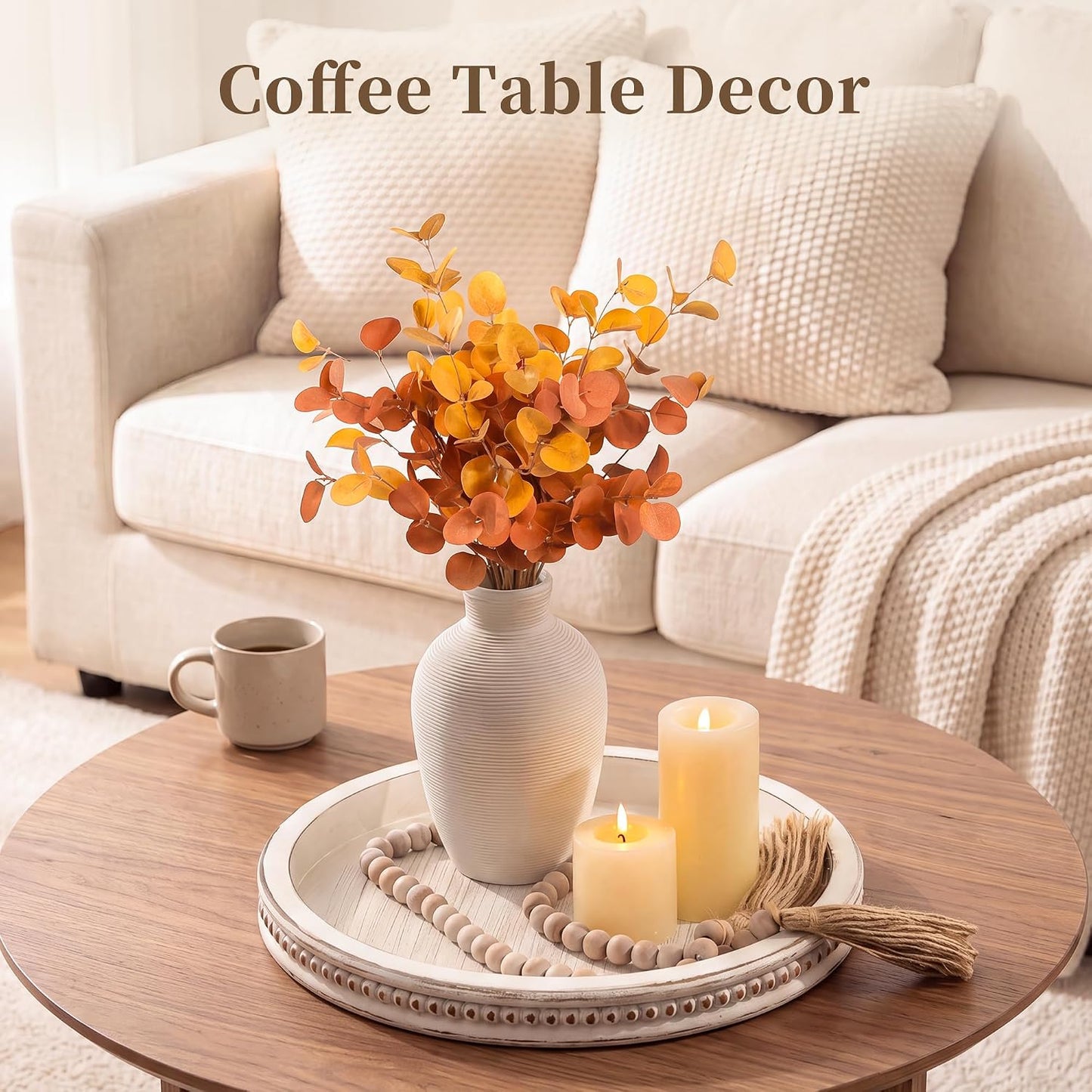 Hanobe Decorative Tray for Coffee Table: 10.5-Inch Round Whitewashed Wood Tray for Rustic Farmhouse Living Room Kitchen Island Entryway Home Decor BST326H