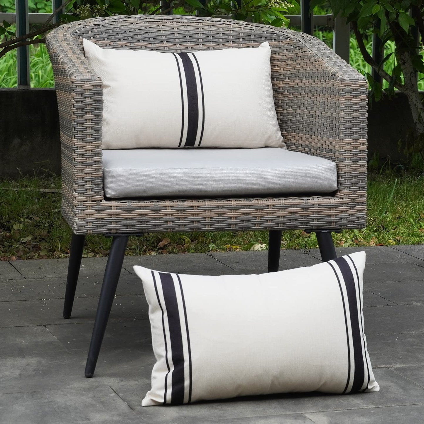 ONWAY Outdoor Pillow Covers Waterproof 18x18 Set of 2 Decorative Linen Throw Pillow Cover Beige and Black Striped Outdoor Pillows for Patio Furniture BST220