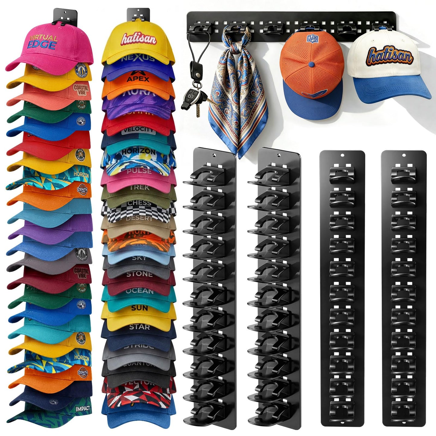 Hat Hook for Wall, 2 Pack Hat Organizer Hold up to 20 Hats,Hat Holder with Strong Adhesive and 8 Pack Screws, Cap Holder Hat Hangers for Wall Closet Door and Bedroom(B-Black) BST220
