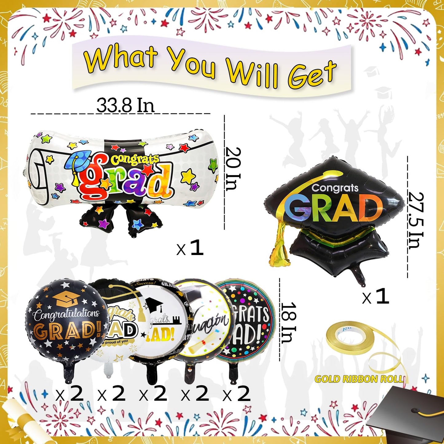 Graduation Balloons Congrats Grad Balloons Gold and Black Balloon for 5th Grade Graduation Decorations Grad Party Decorations 2026 BST326L