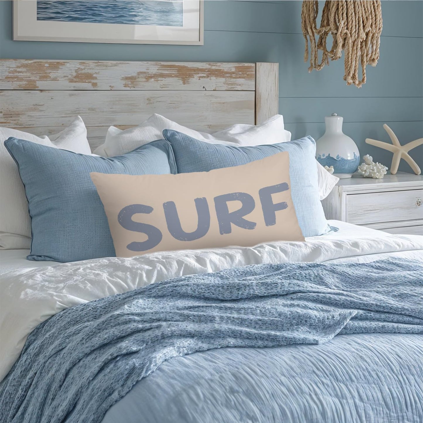 Coastal Beach Girly Room Decor 12x20 Pillow Cover, Preppy Beach Navy Blue Bikini Striped Decorative Lumbar Pillow Covers for Girls Bedroom College Dorm Sofa Couch BST326L