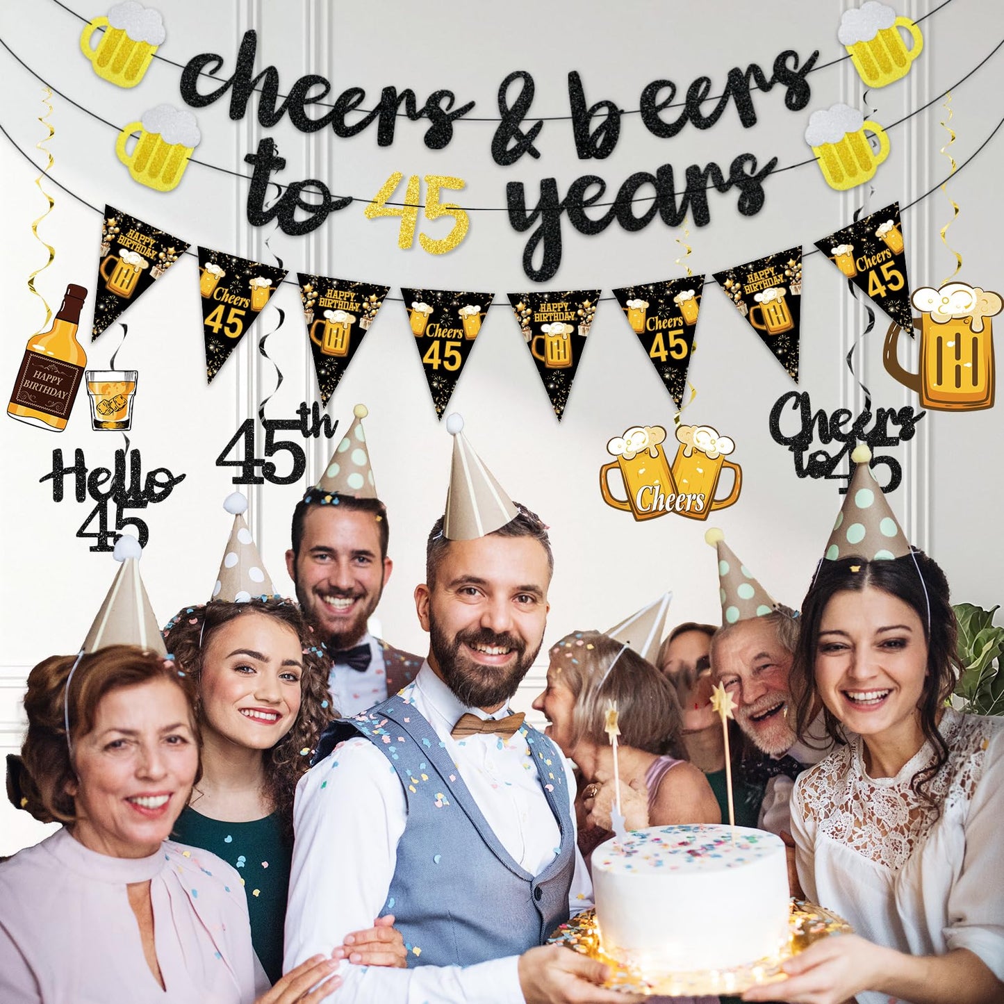 Black Gold 90th Birthday Decorations for Men Women, Glitter Pre-Strung Cheers to 90 Years Banner Hello 90 Hanging Swirls Paper Triangle Flag Banner Decorations Bday Party Supplies Kit WN420