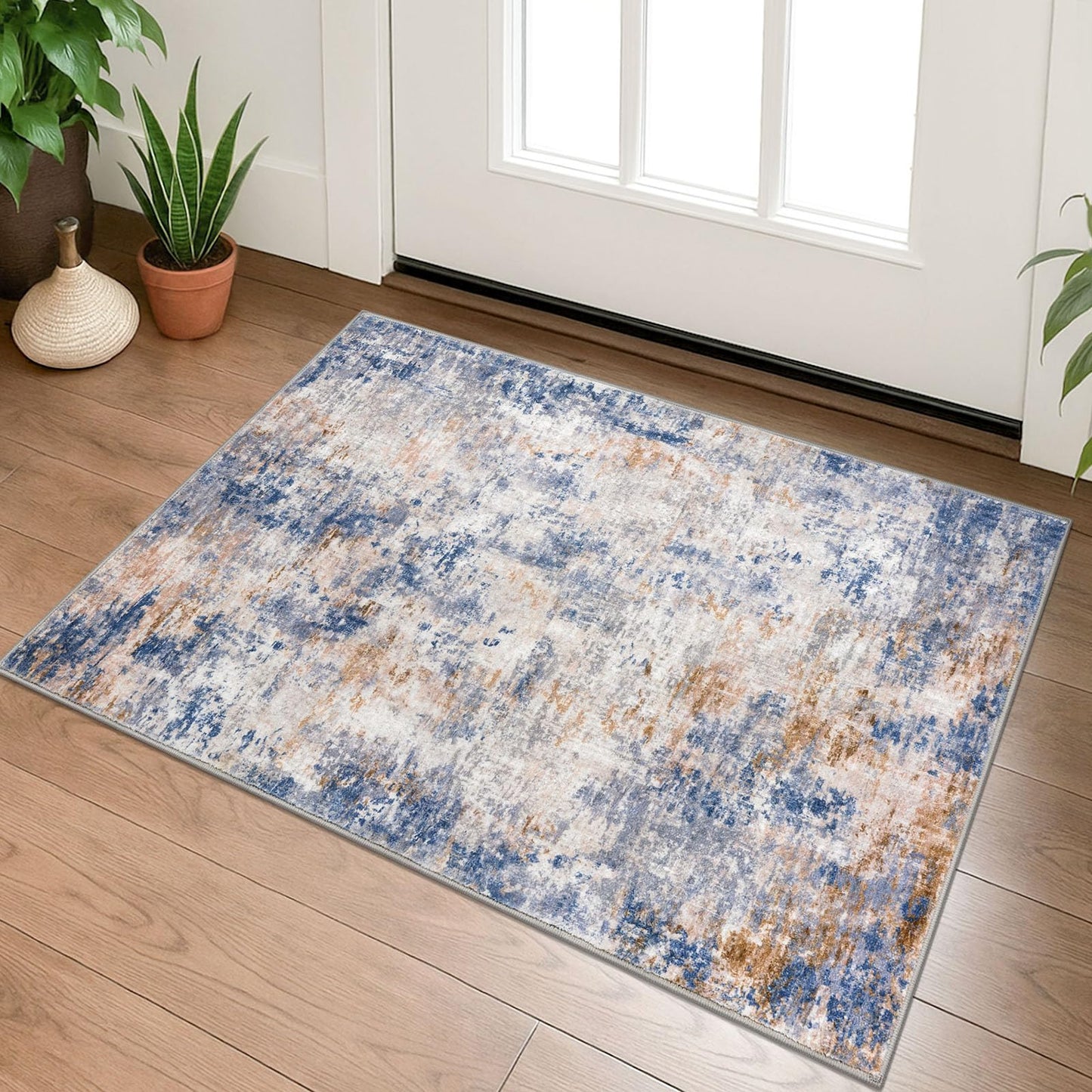 Lansny Modern Abstract Runner - 2x5, Beige Grey Washable Kitchen Entryway Rug Mat Non-Slip Soft Neutral Hallway Rug Thin Print Faux Wool Carpet for Bedroom Laundry Room Indoor BST220