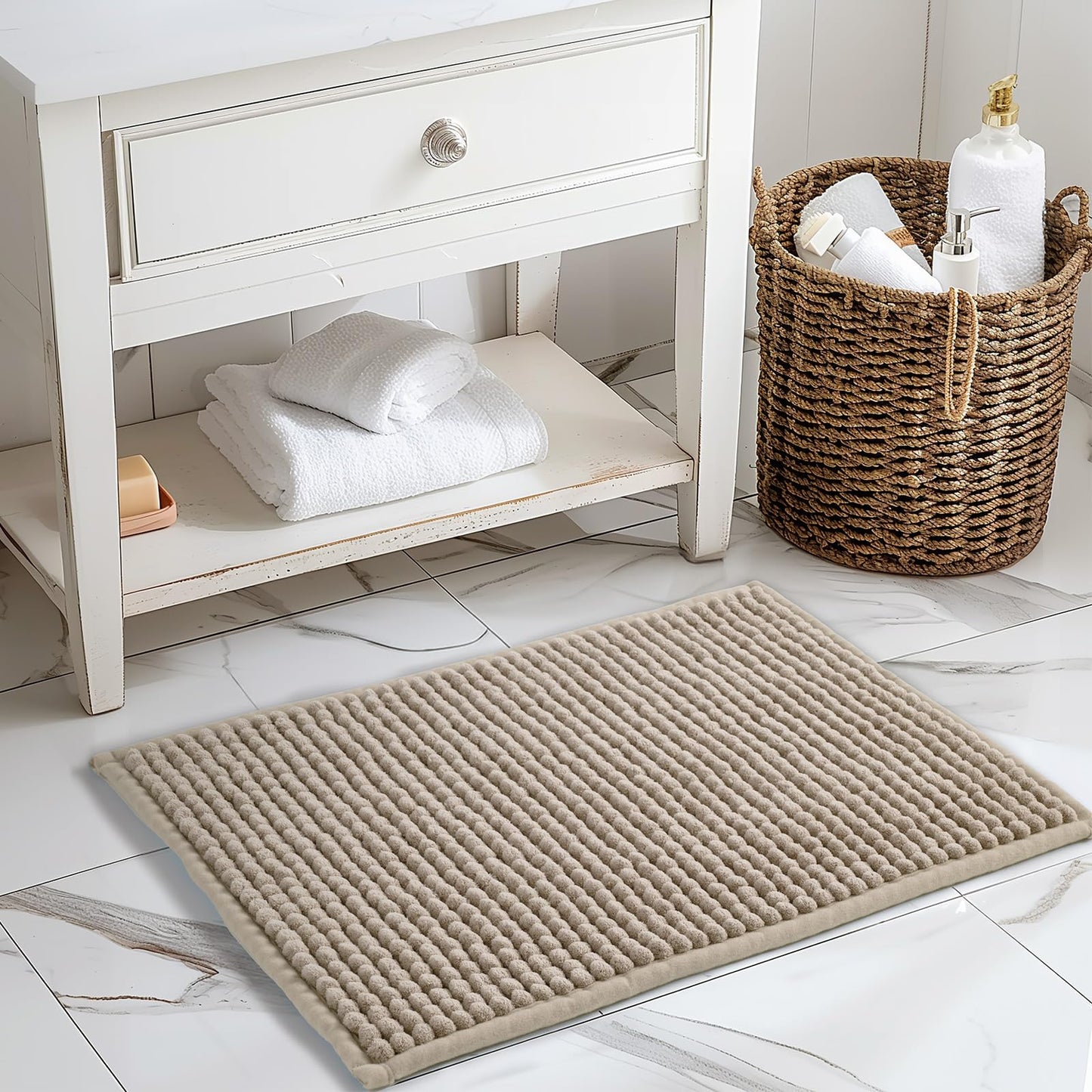 FRESHMINT Thick Chunky Chenille Bathroom Rug, Black, 20"x32" | Non-Slip Backing, Water Absorbent Surface, Machine Washable Care, Cushioned Comfort, Bathroom Floor Use BST220