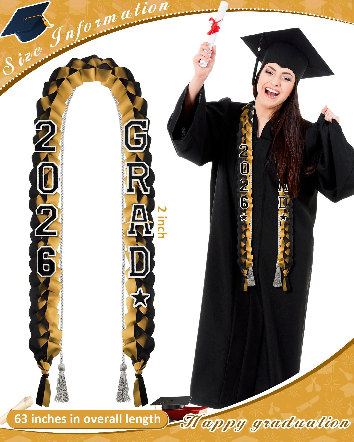 Cindeer 2026 Graduation Ribbon Lei Set Handmade Braided Necklace Honor Cord with Tassel 2026 Grad Embroidery Patches for High School College Graduation Party Supplies(Black, Red) BST220